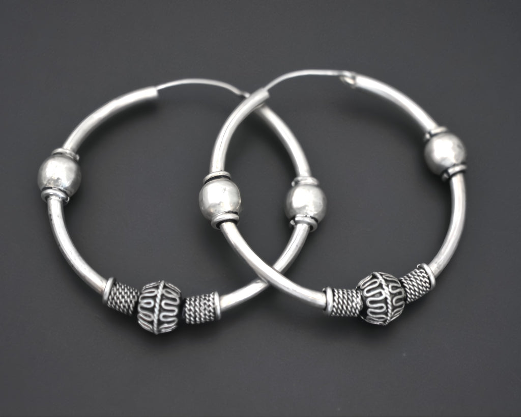 Large Ethnic Bali Hoop Earrings with Wire Work and Beads