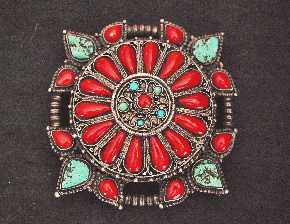 Tibetan Vintage Turquoise w/ Coral White Metal Bangle Bracelet #2 main image 1