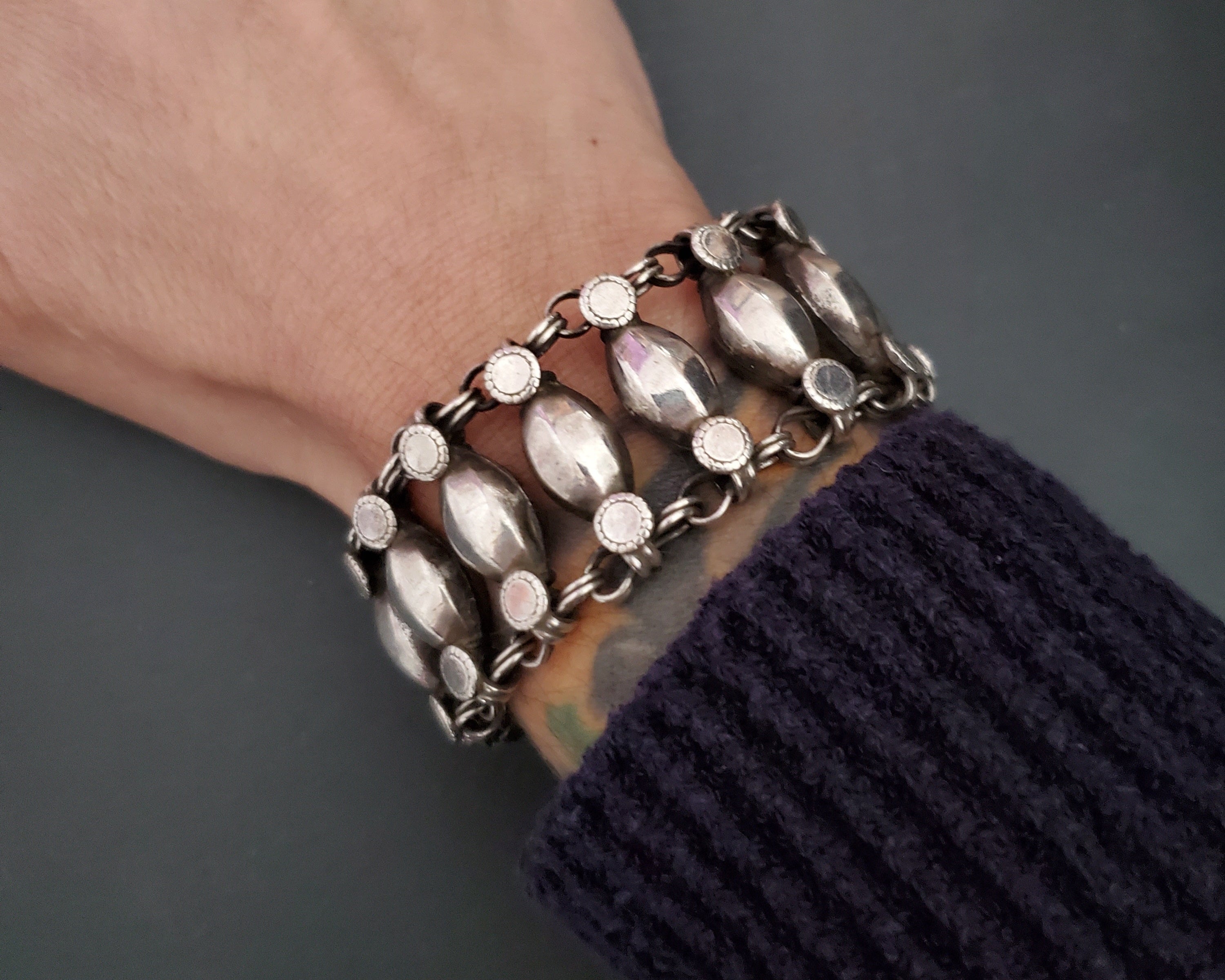 Wide Rajasthani Silver Link Bracelet - SMALL