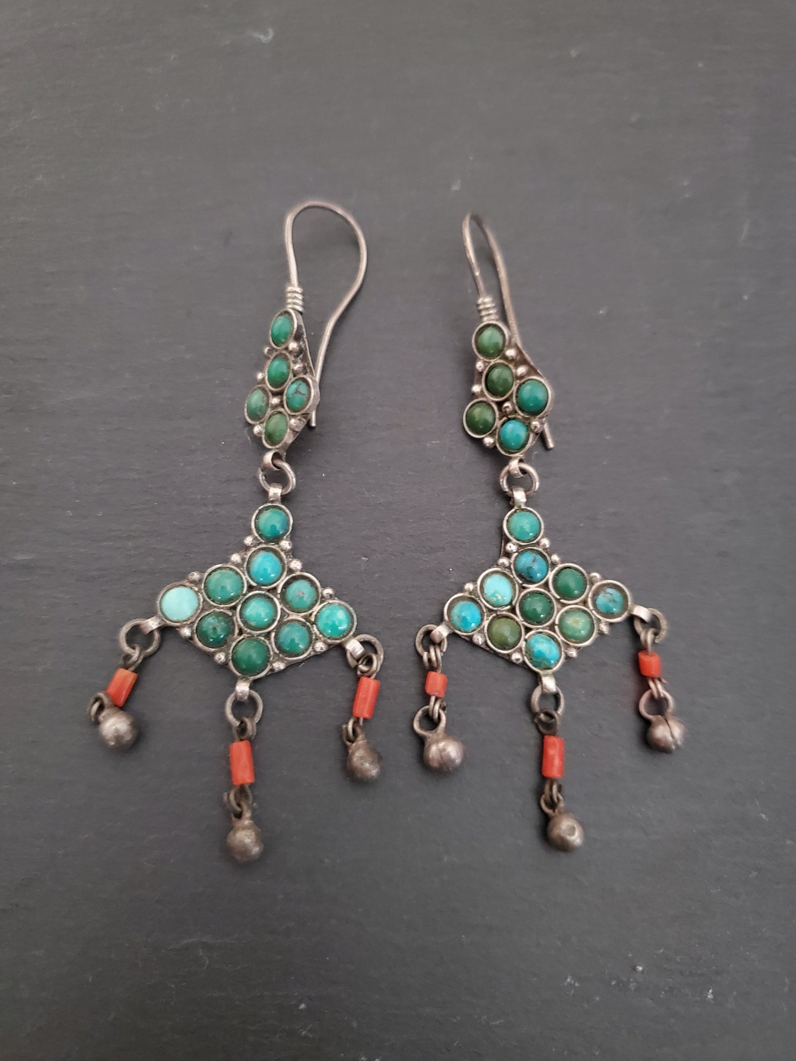 Uzbek Silver Turquoise Dangle Earrings - Central Asian Earrings
