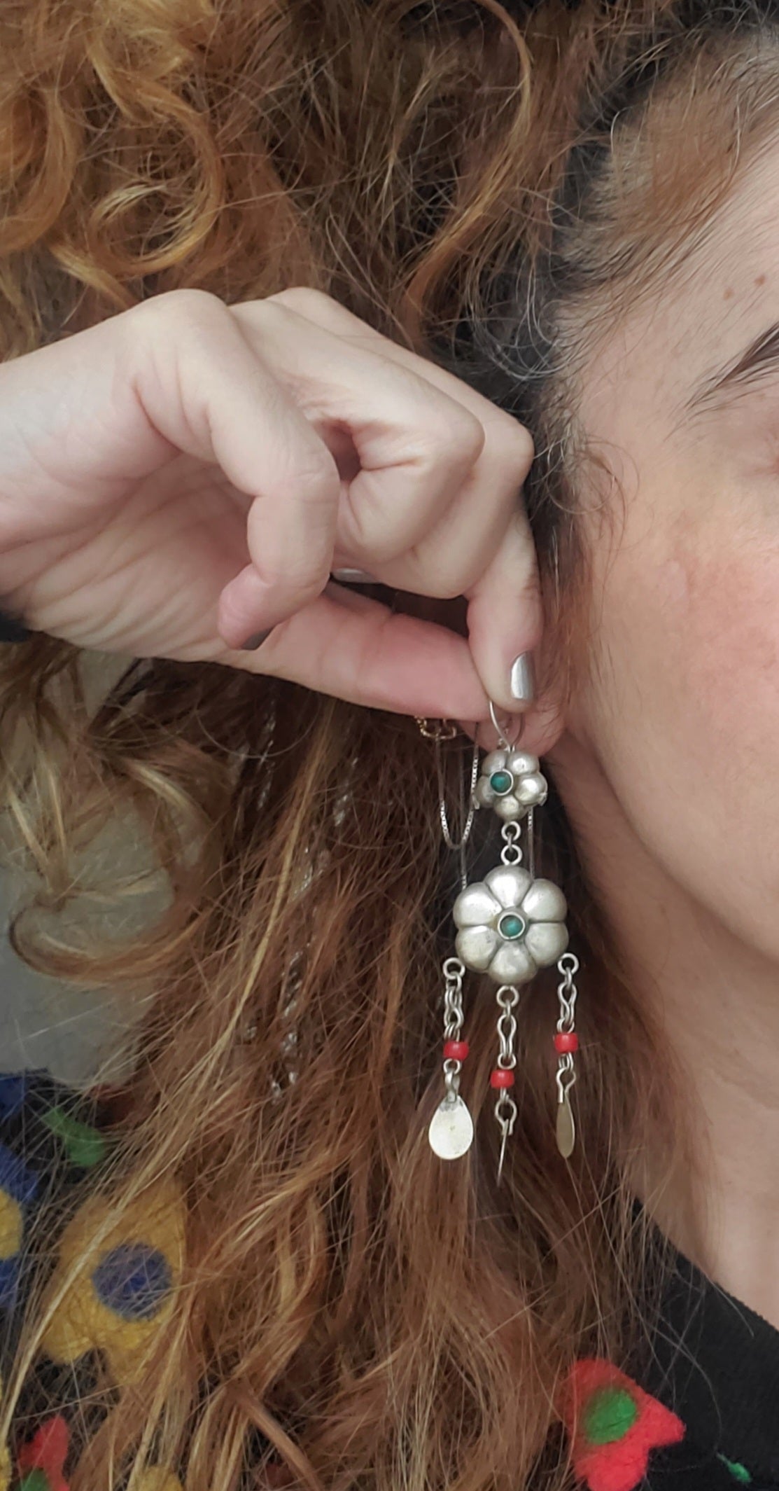 Uzbek Coral Turquoise Flower Dangle Earrings