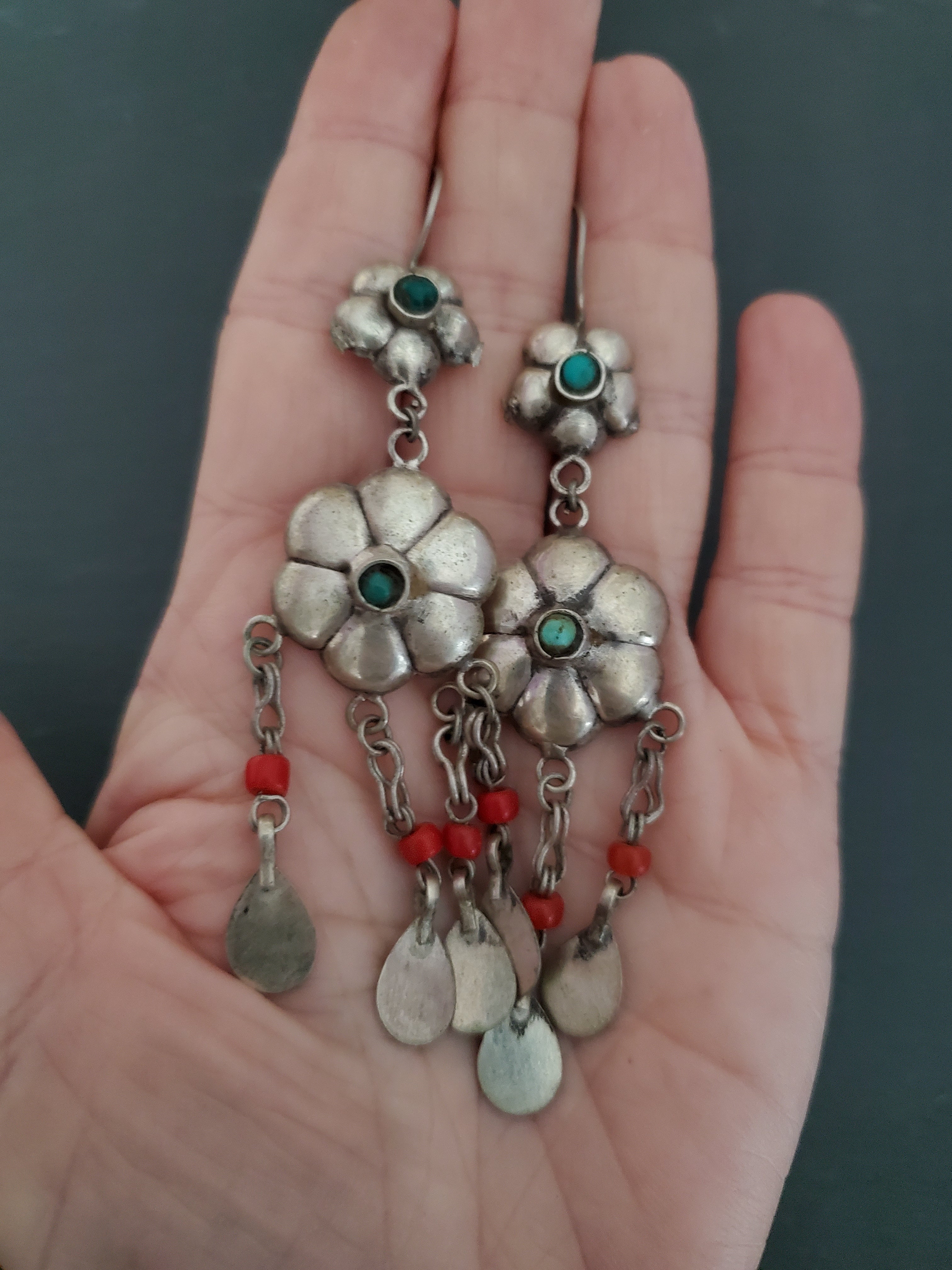 Uzbek Coral Turquoise Flower Dangle Earrings