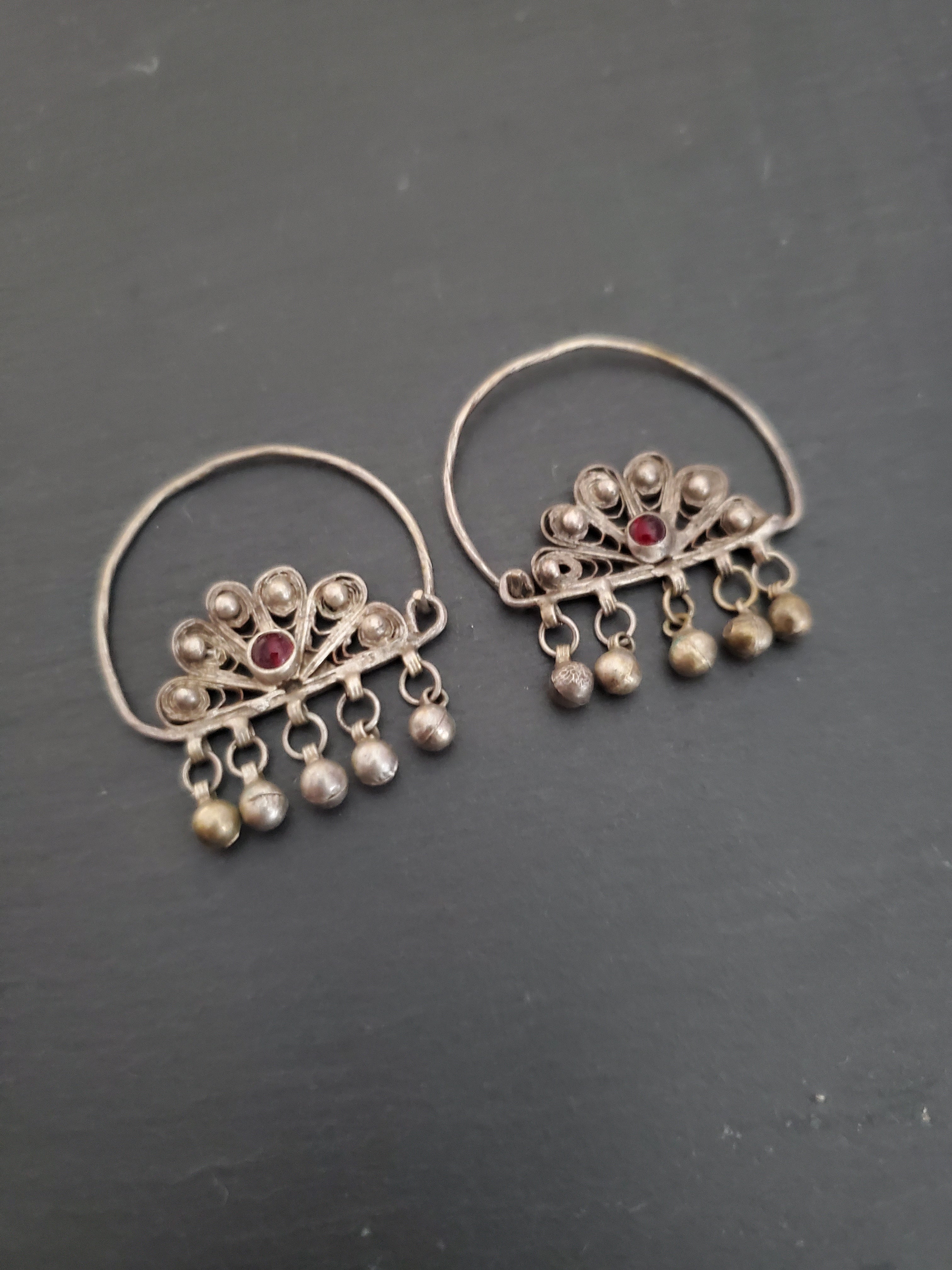Ethnic Filigree Hoop Earrings with Garnet and Bells