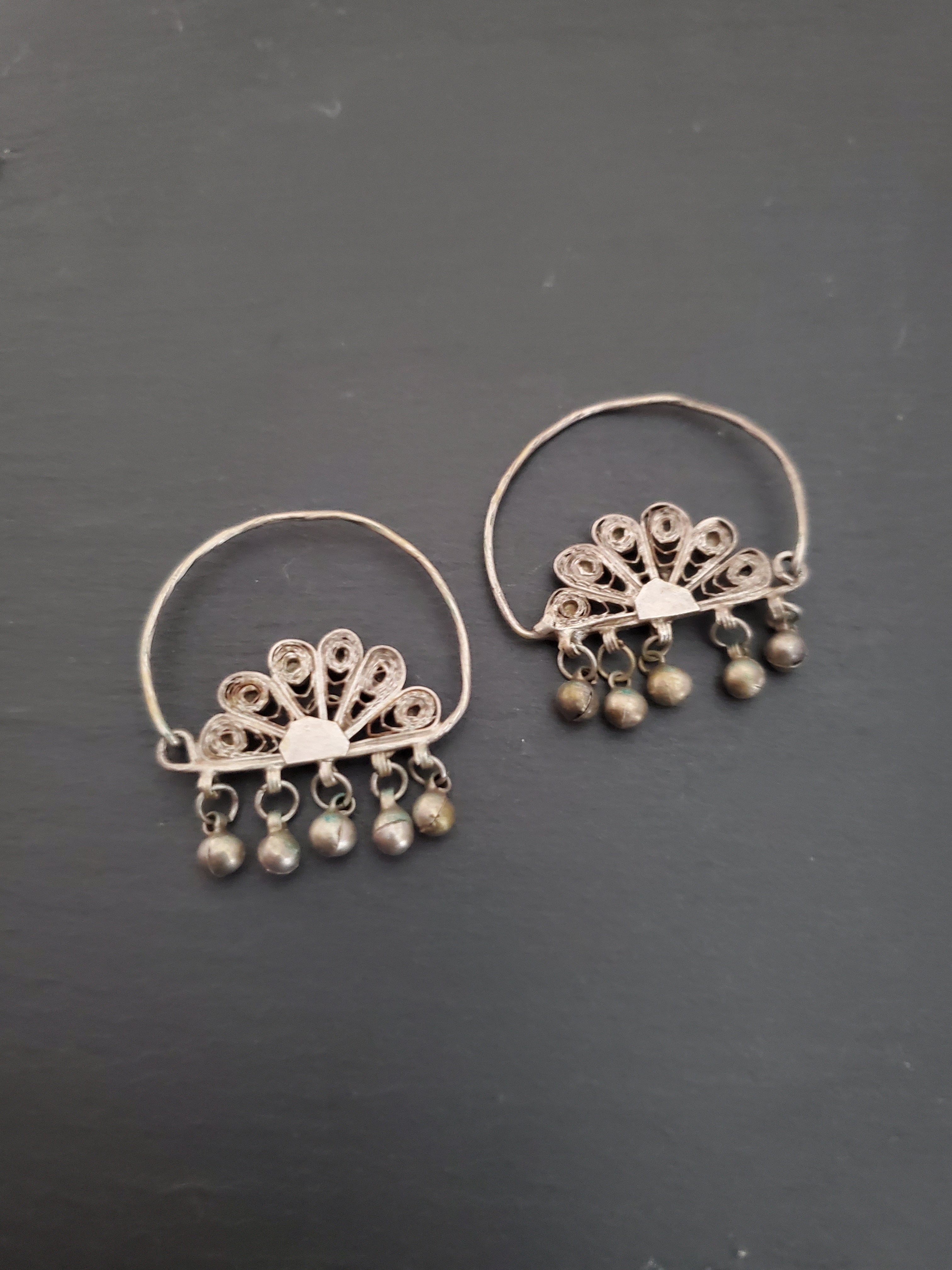 Ethnic Filigree Hoop Earrings with Garnet and Bells