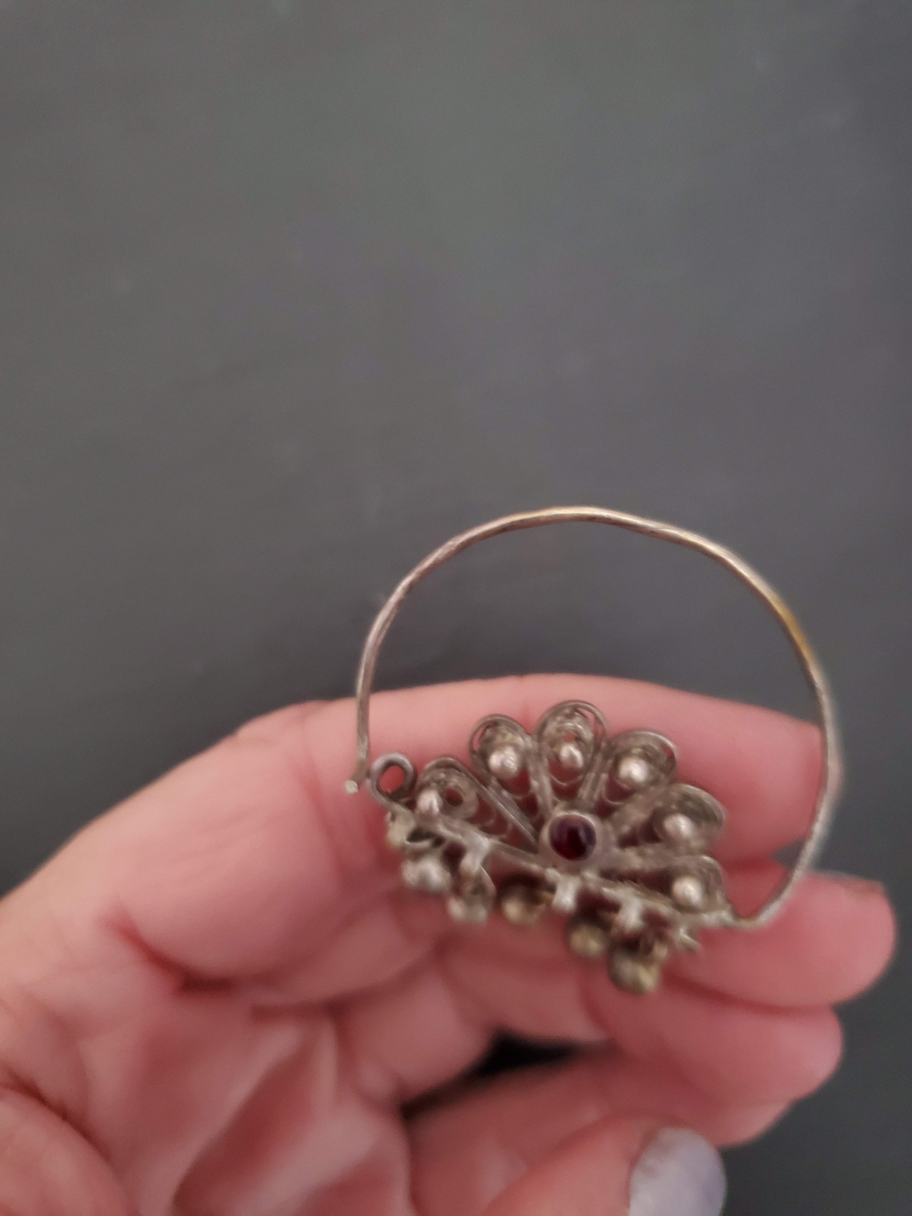 Ethnic Filigree Hoop Earrings with Garnet and Bells