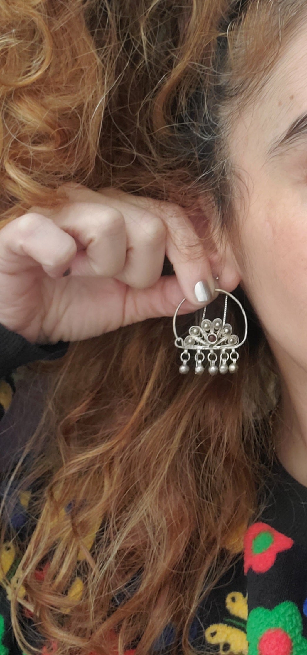 Ethnic Filigree Hoop Earrings with Garnet and Bells