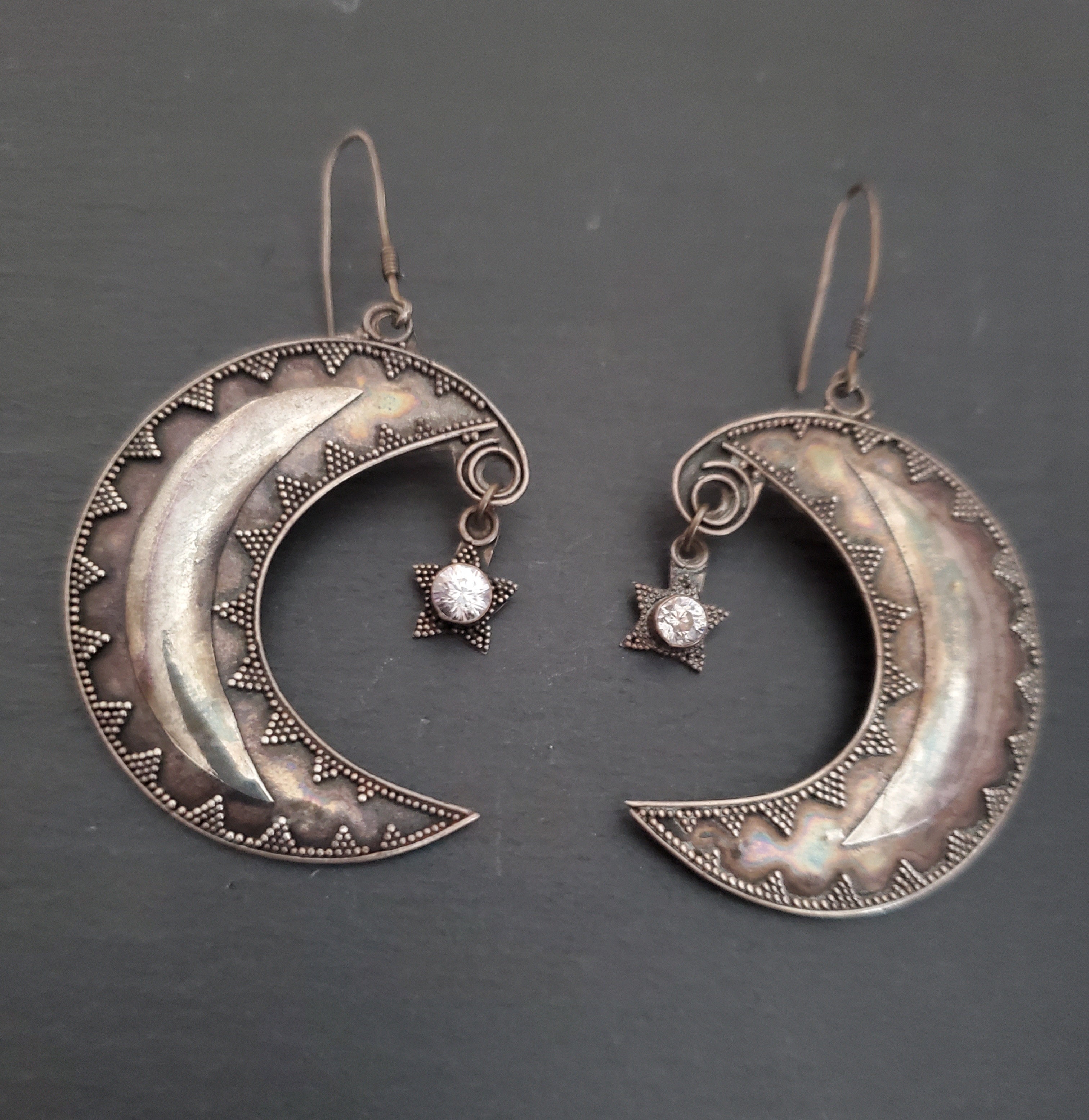 Large Crescent Moon Star Earrings