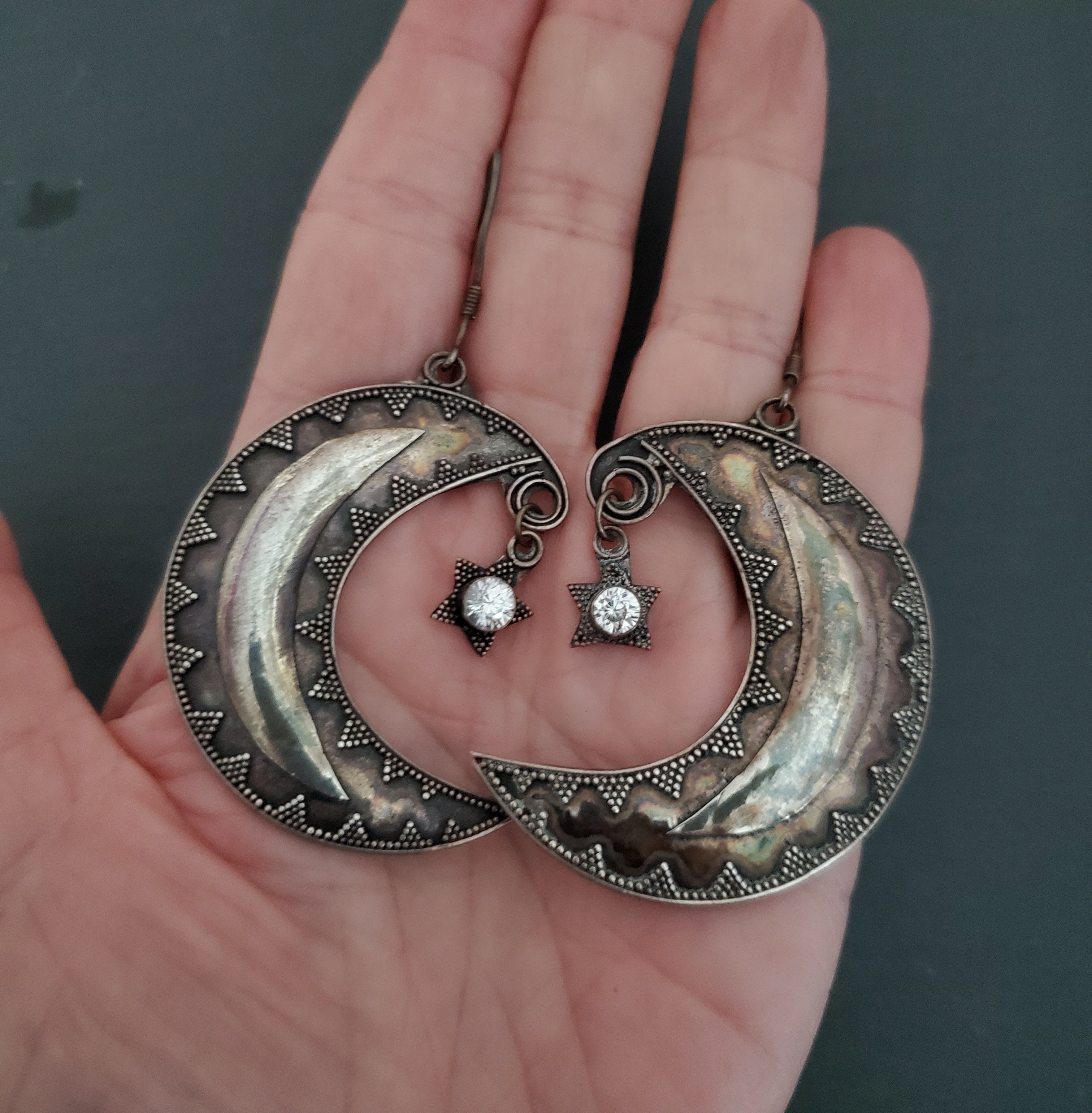 Large Crescent Moon Star Earrings