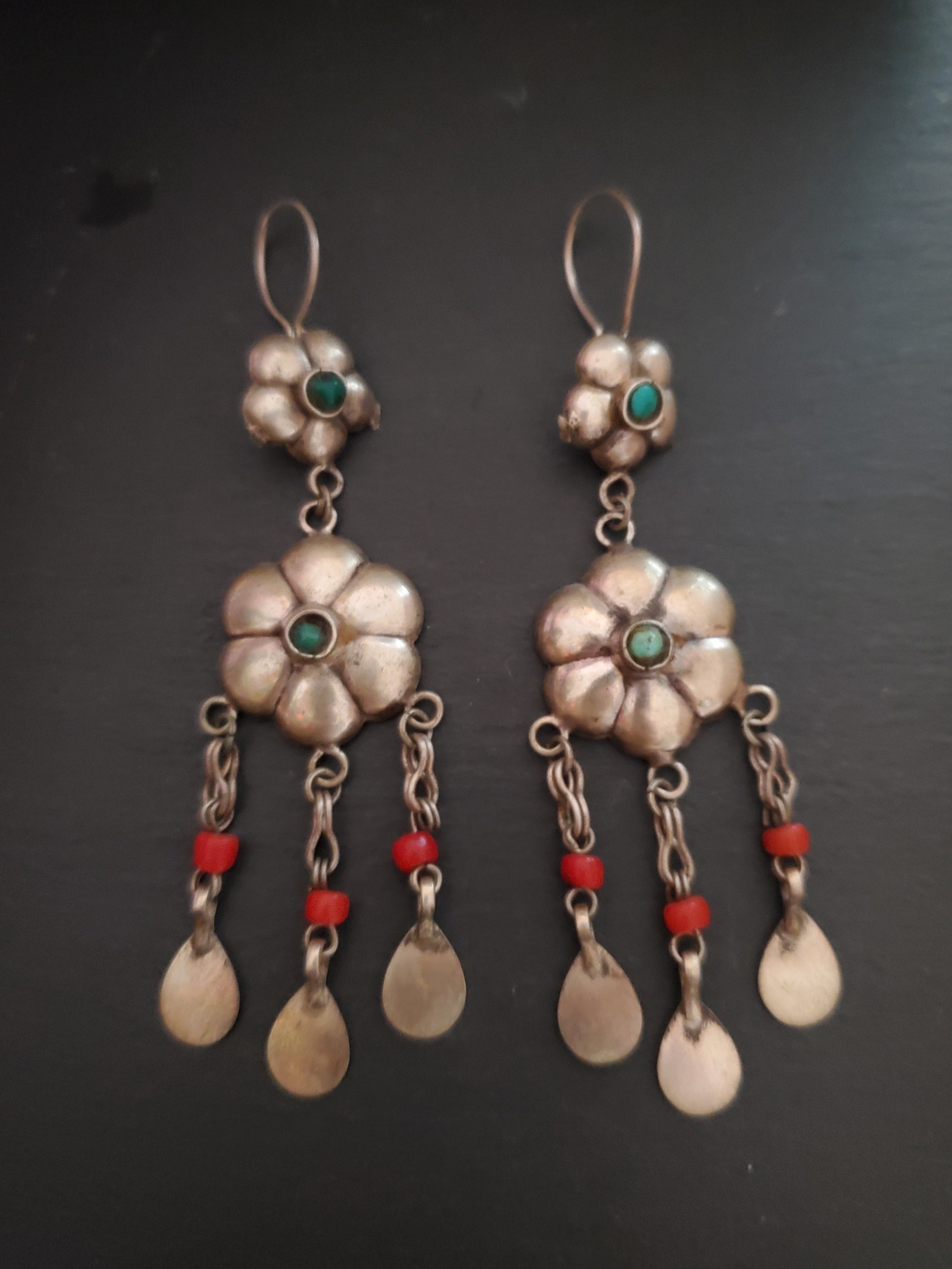 Uzbek Coral Turquoise Flower Dangle Earrings