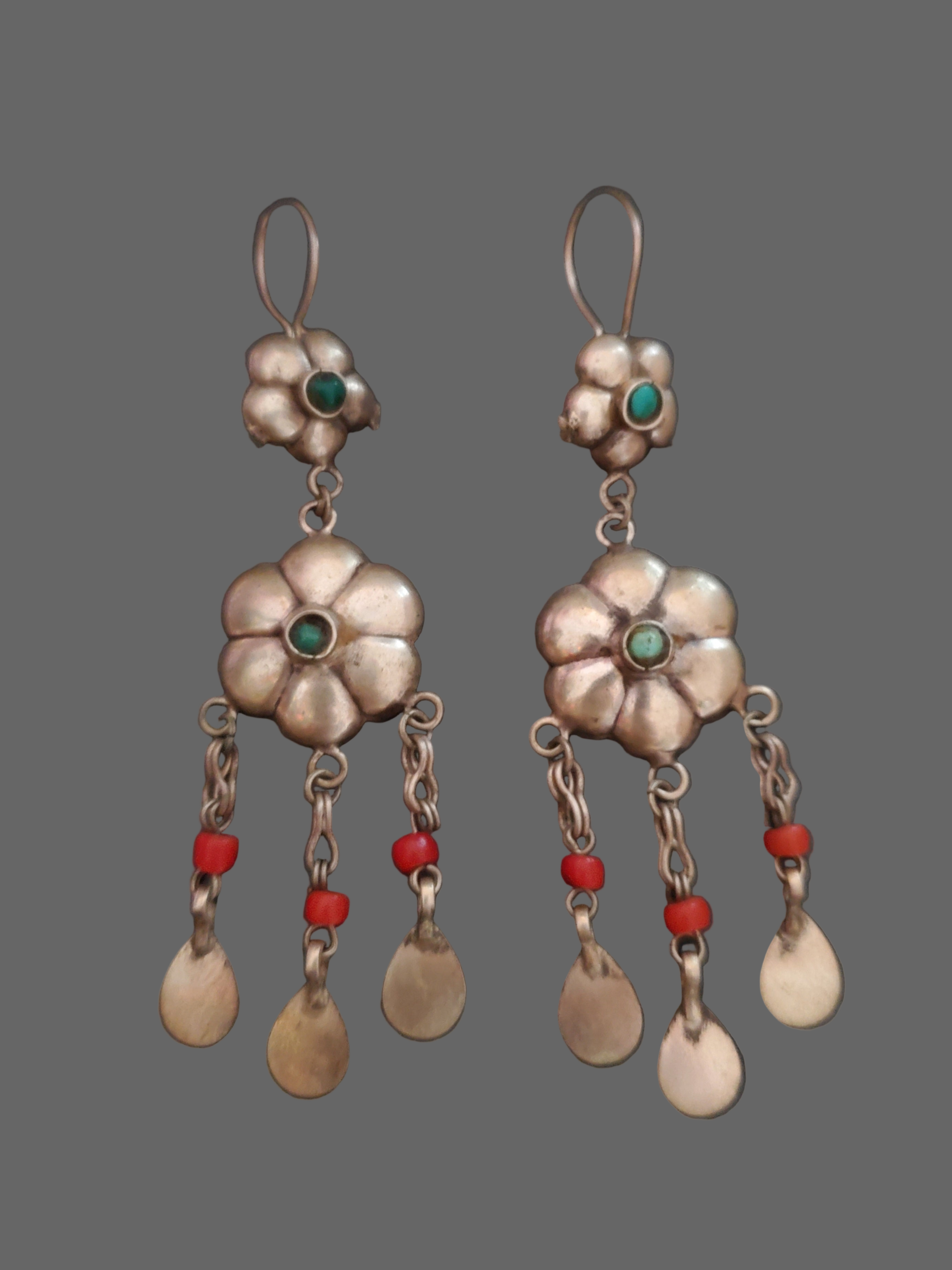 Uzbek Coral Turquoise Flower Dangle Earrings