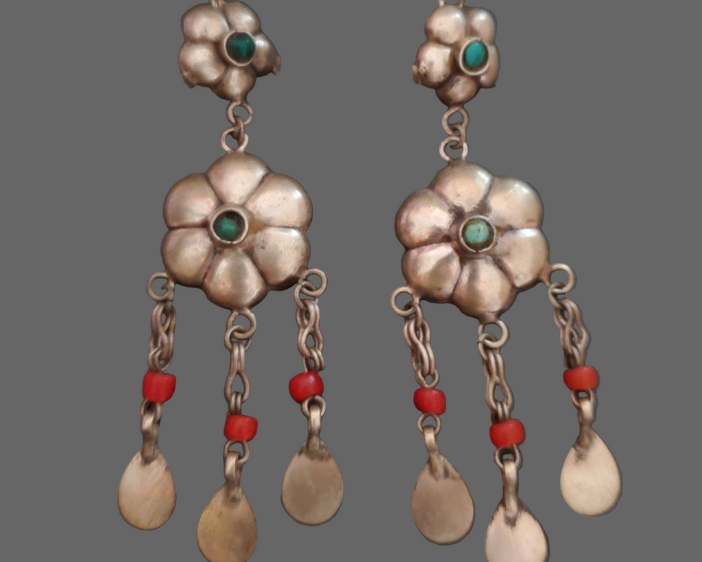 Uzbek Coral Turquoise Flower Dangle Earrings