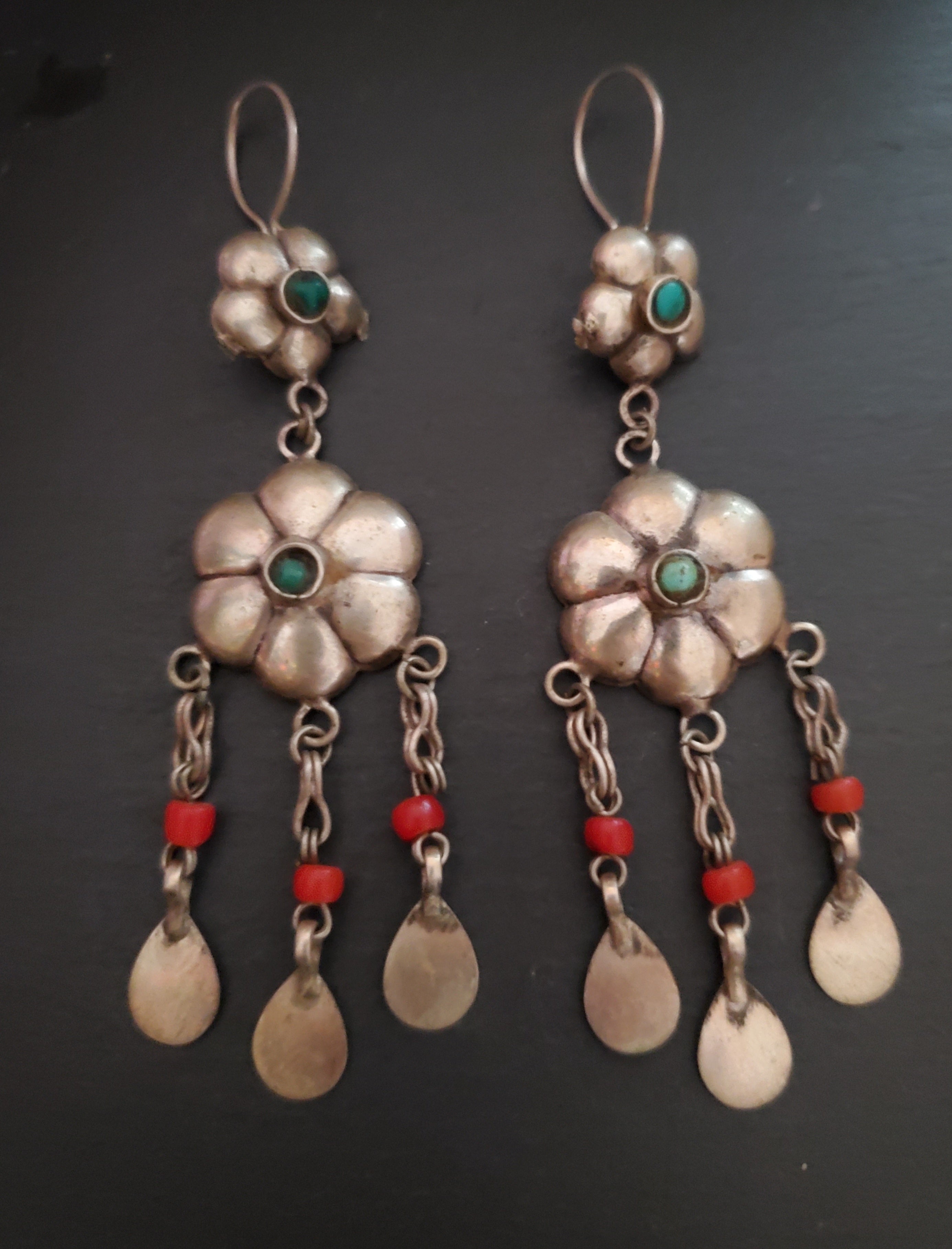 Uzbek Coral Turquoise Flower Dangle Earrings