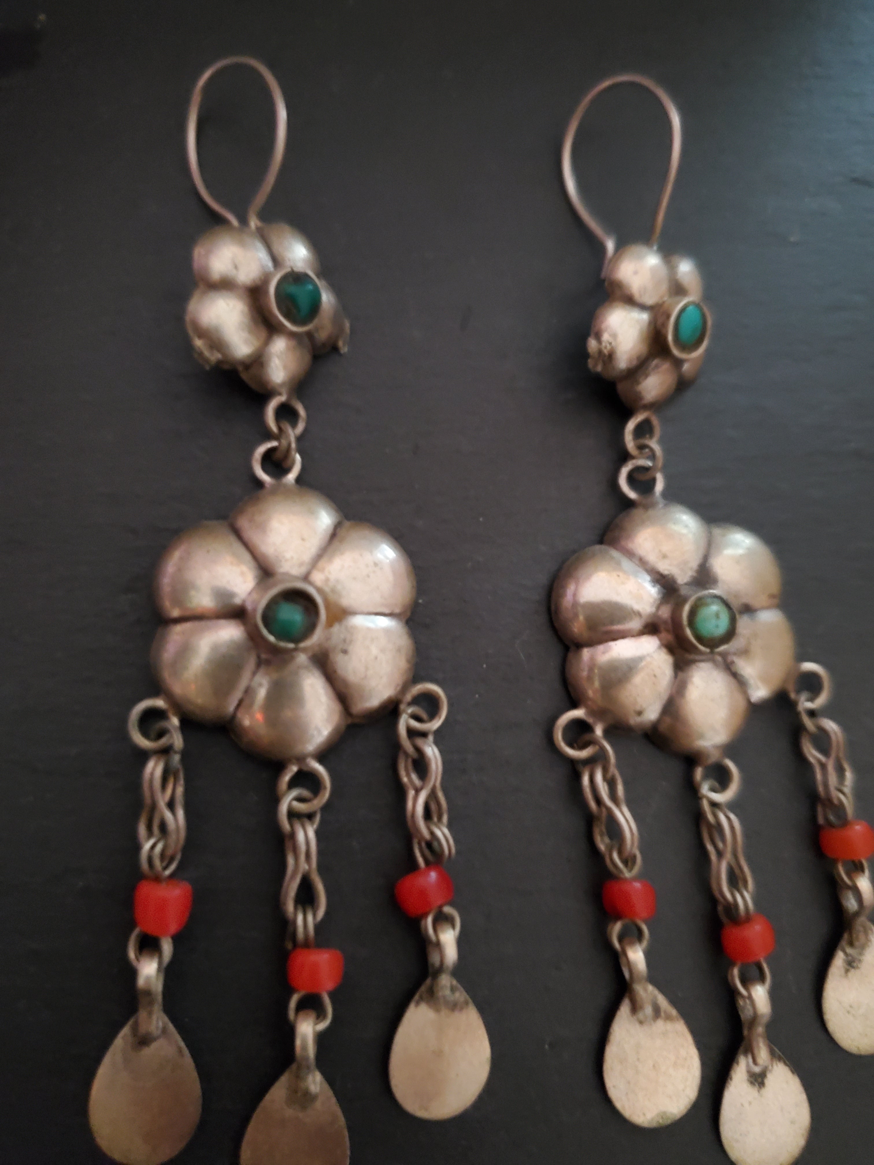 Uzbek Coral Turquoise Flower Dangle Earrings