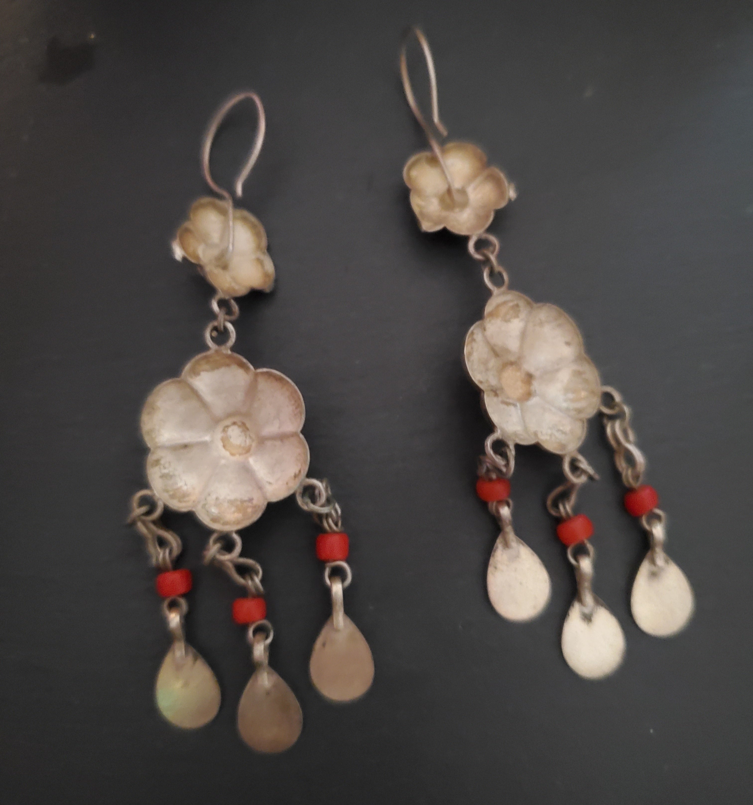 Uzbek Coral Turquoise Flower Dangle Earrings