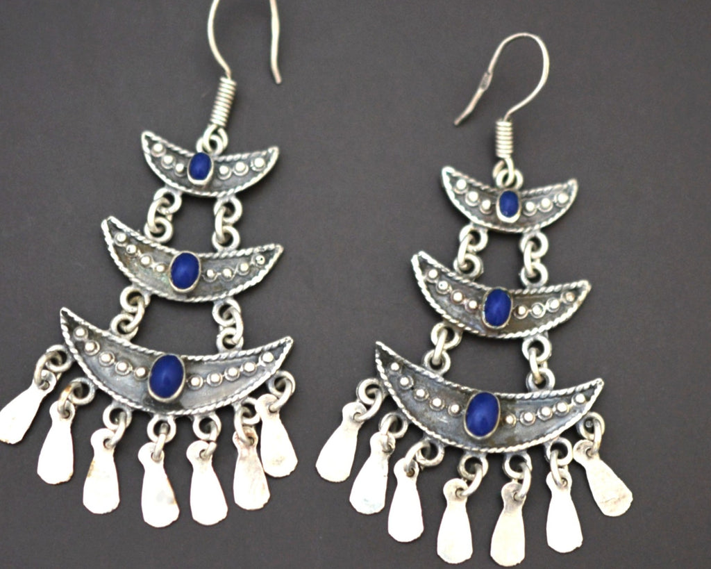 Long Silver and Lapis Lazuli Earrings from Egypt