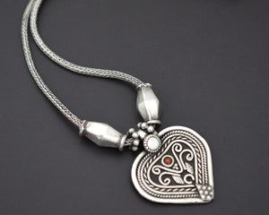 Indian Heart Coral Pendant Silver Beads Necklace with Snake Chain