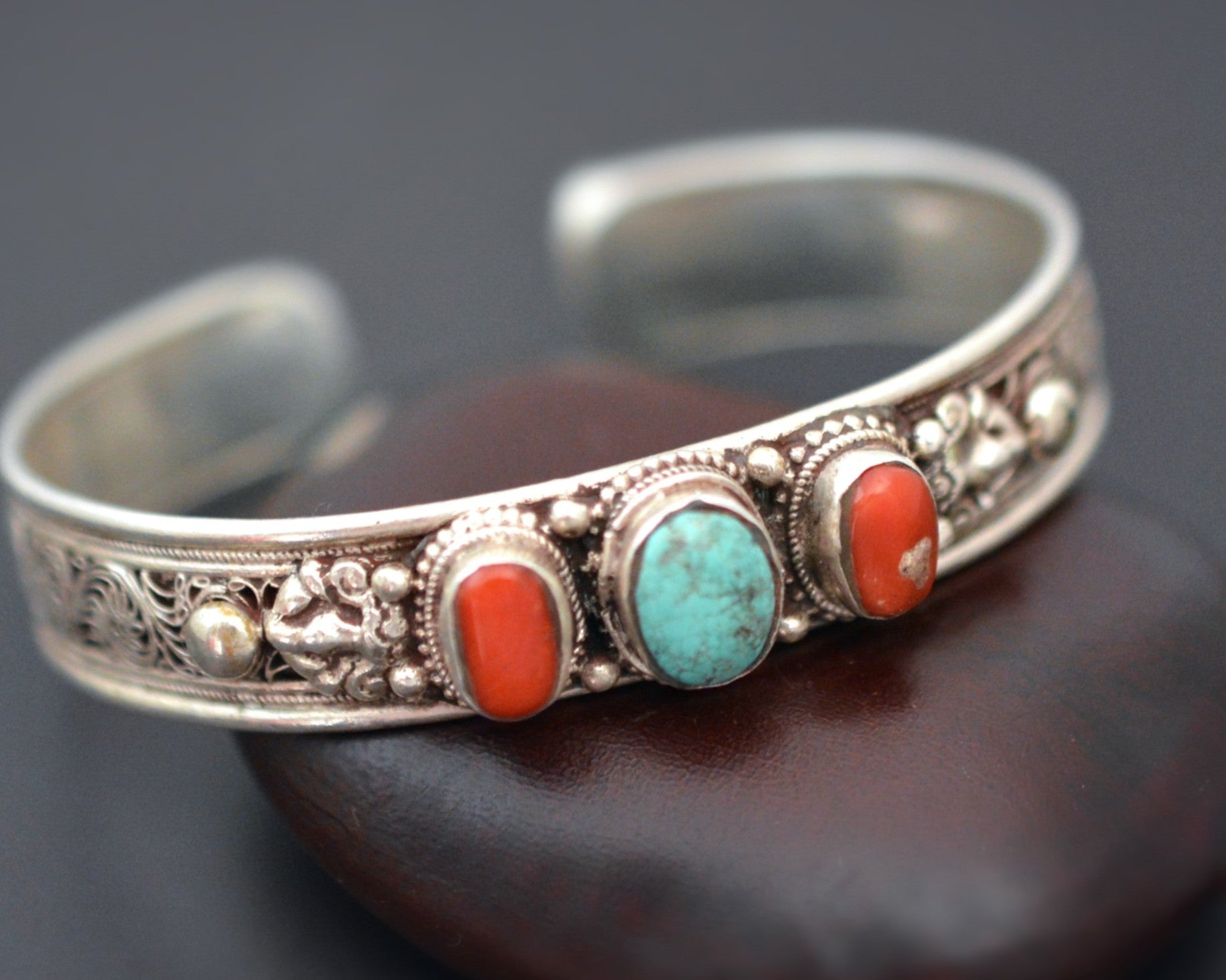 Nepali Turquoise Coral Cuff Bracelet with Filigree Work