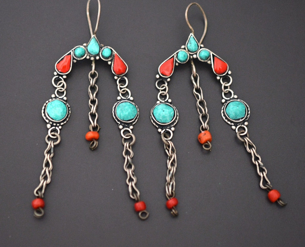 Long Uzbek Glass Stones and Coral Earrings