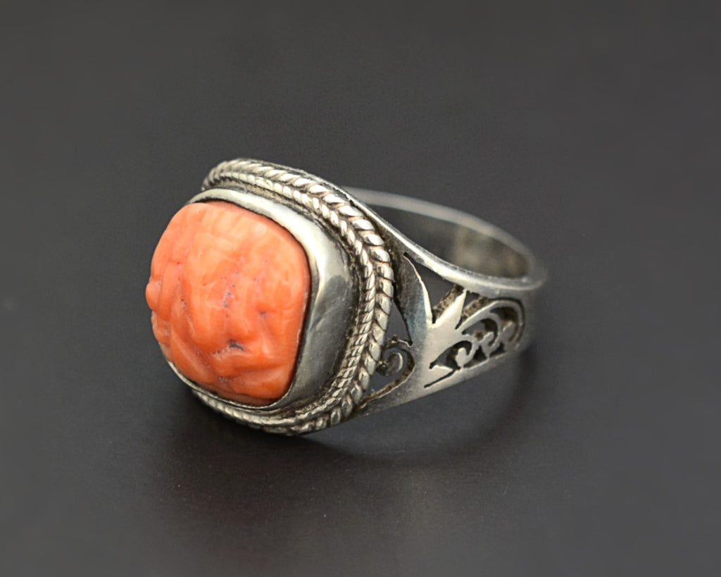 Nepali Ganesha Carved Coral Ring - Size 8.5