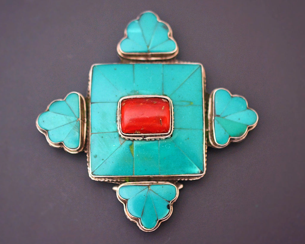 Large Tibetan Gau Box Pendant with Coral and Turquoise