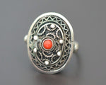 Ethnic Silver and Coral Filigree Ring - Size 5