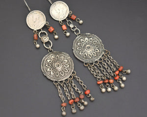 Long Uzbek Coin Dangle Coral Silver Earrings