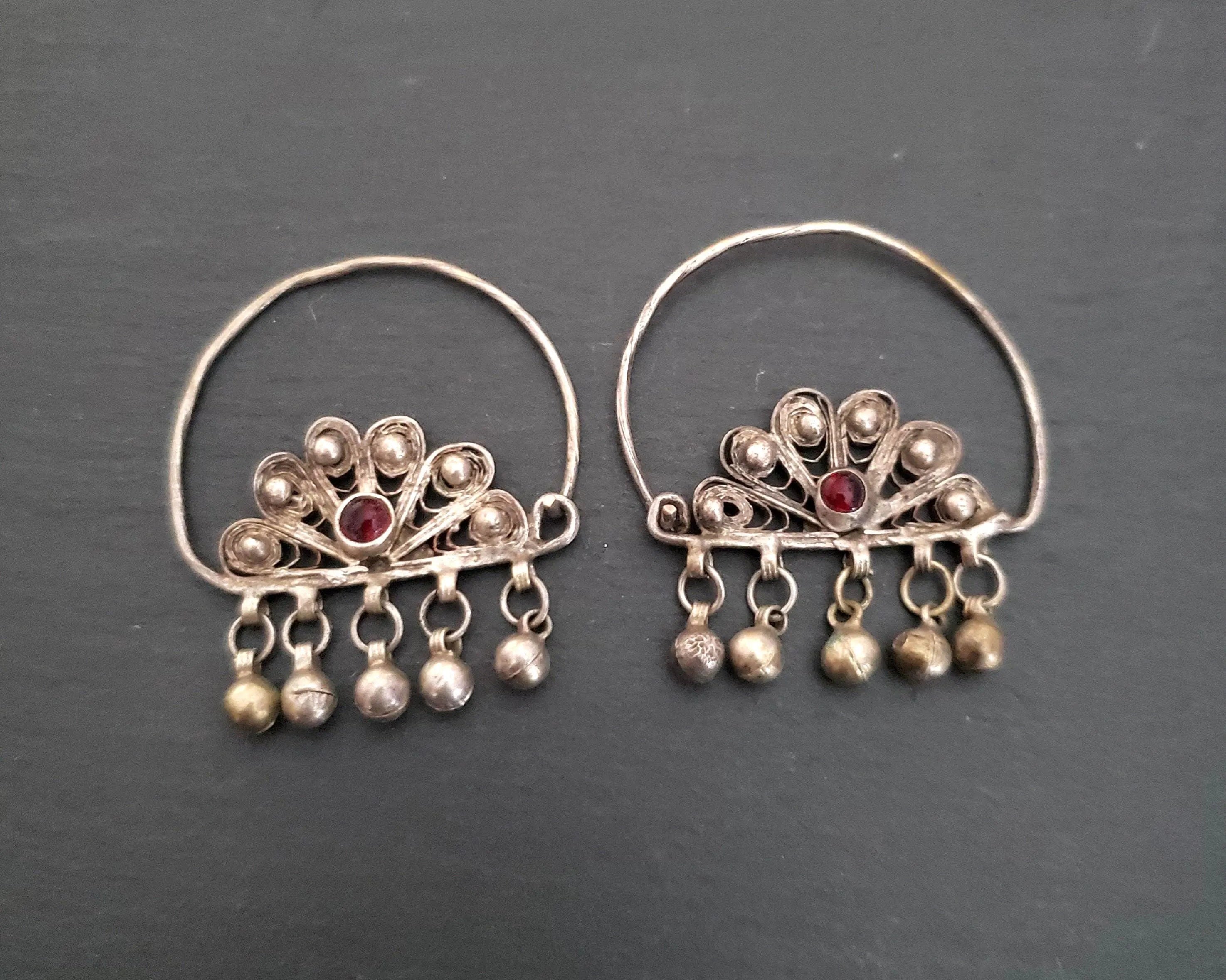 Ethnic Filigree Hoop Earrings with Garnet and Bells