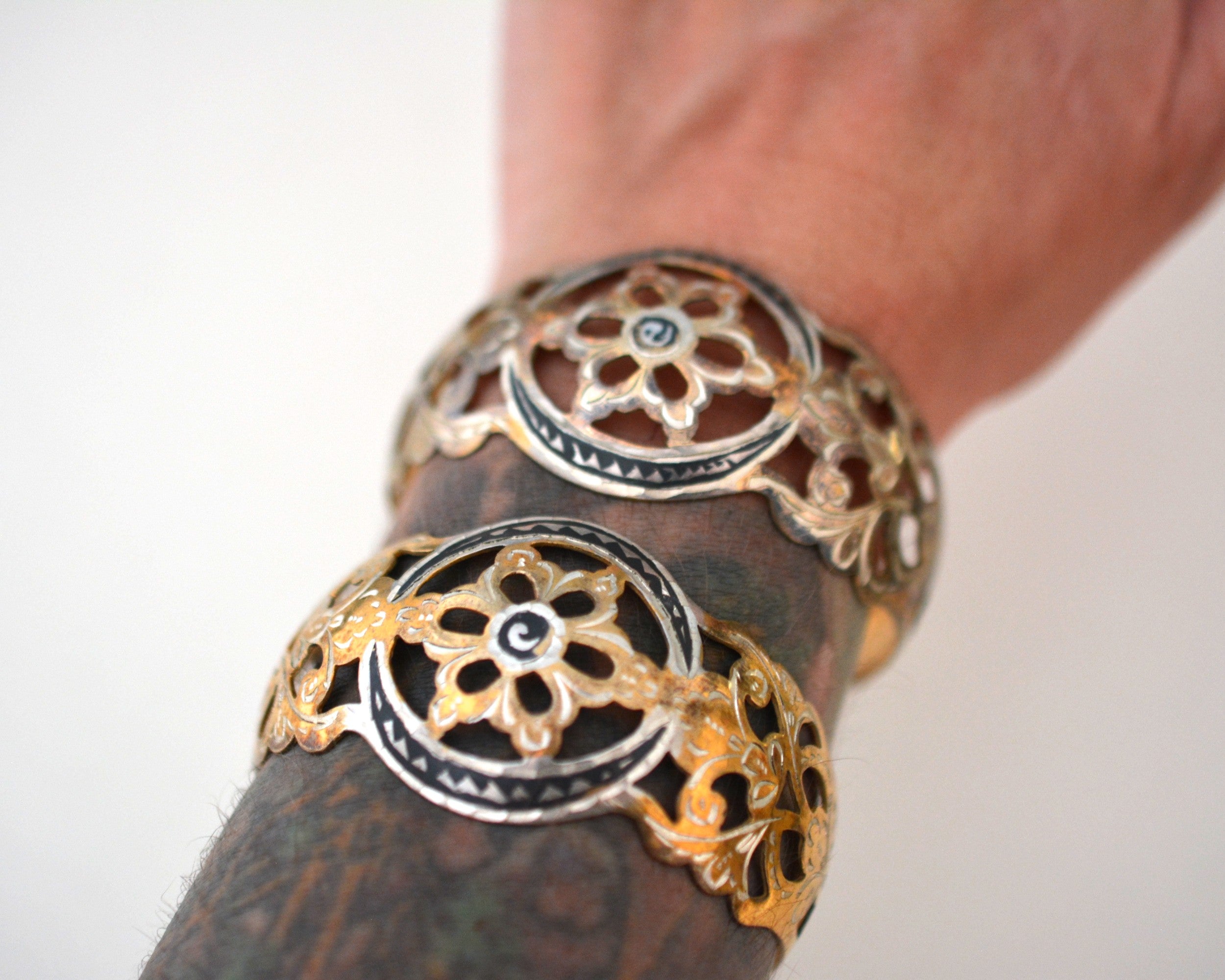 Vintage Pair Caucasian Niello Gilded Openwork Bracelet