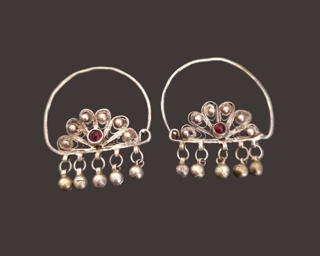 Ethnic Filigree Hoop Earrings with Garnet and Bells