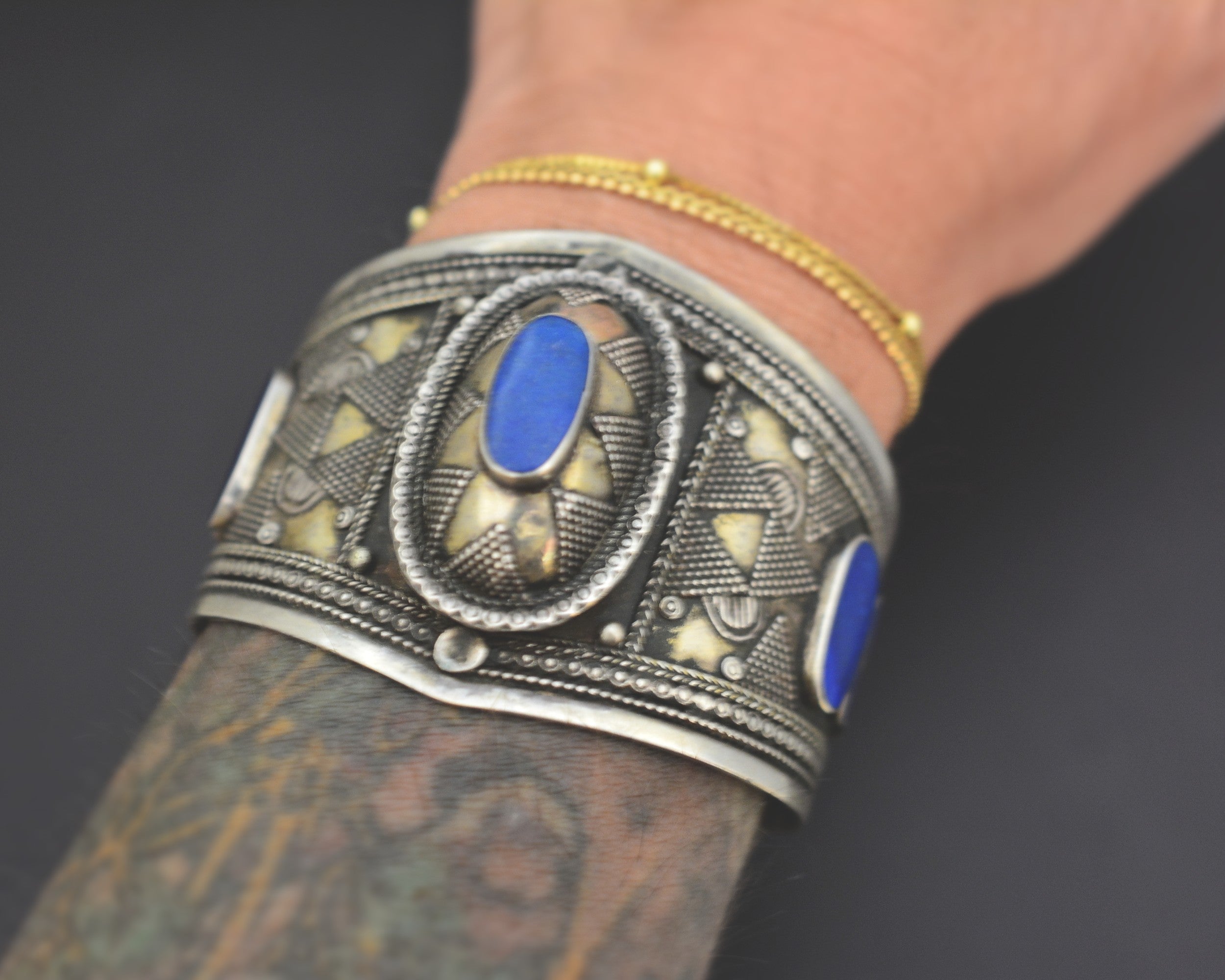 Vintage Kazakh Silver Lapis Lazuli Cuff Bracelet