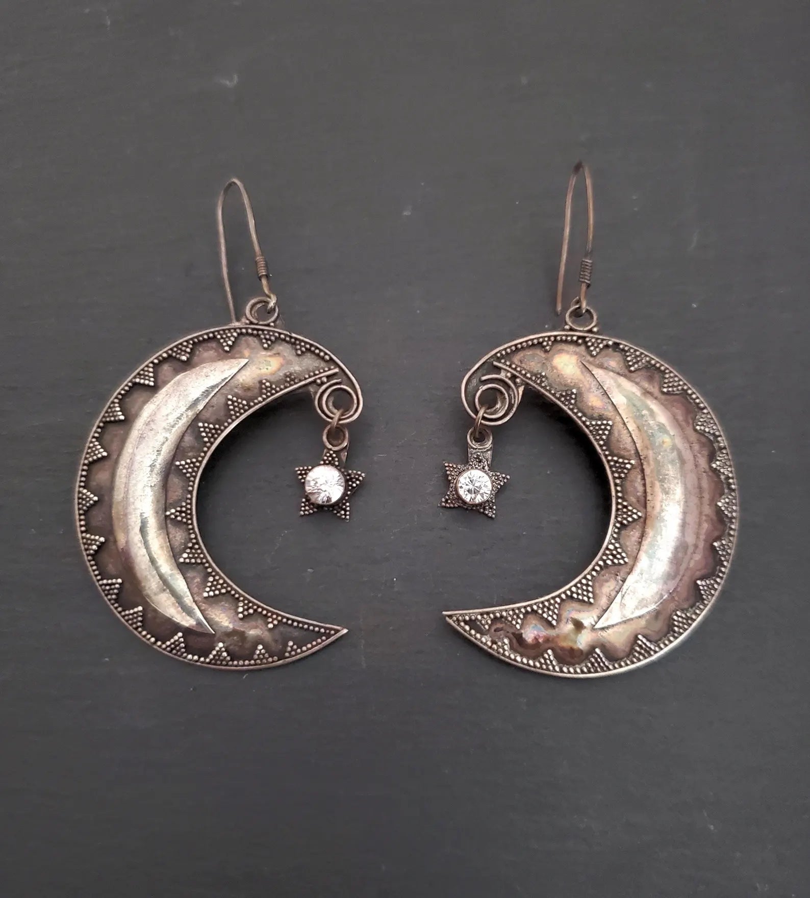 Large Crescent Moon Star Earrings