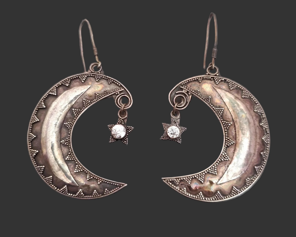 Large Crescent Moon Star Earrings