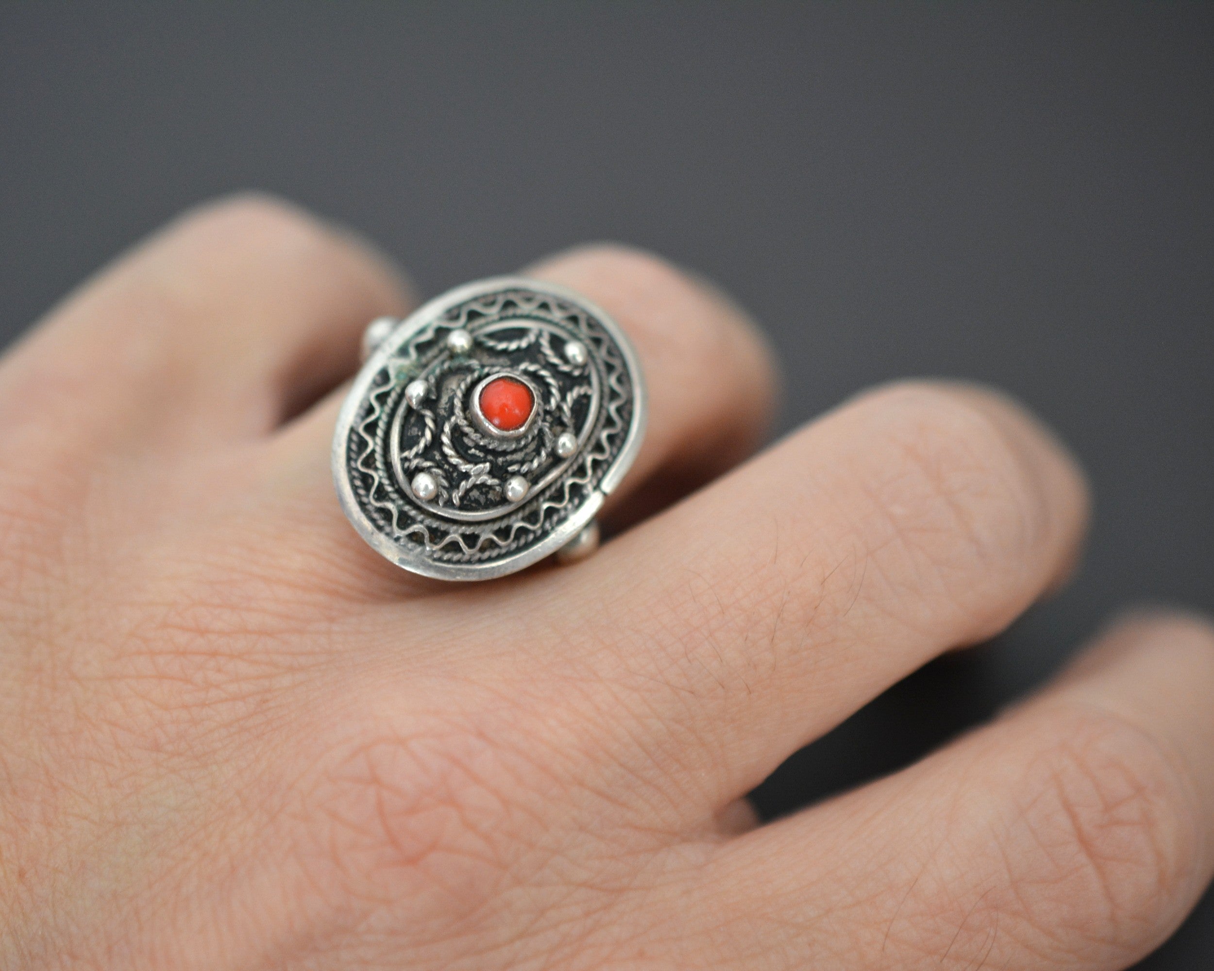 Ethnic Silver and Coral Filigree Ring - Size 5