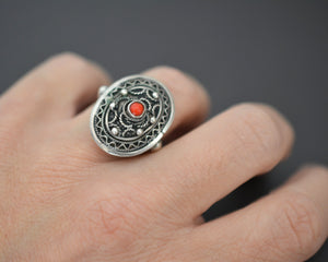 Ethnic Silver and Coral Filigree Ring - Size 5