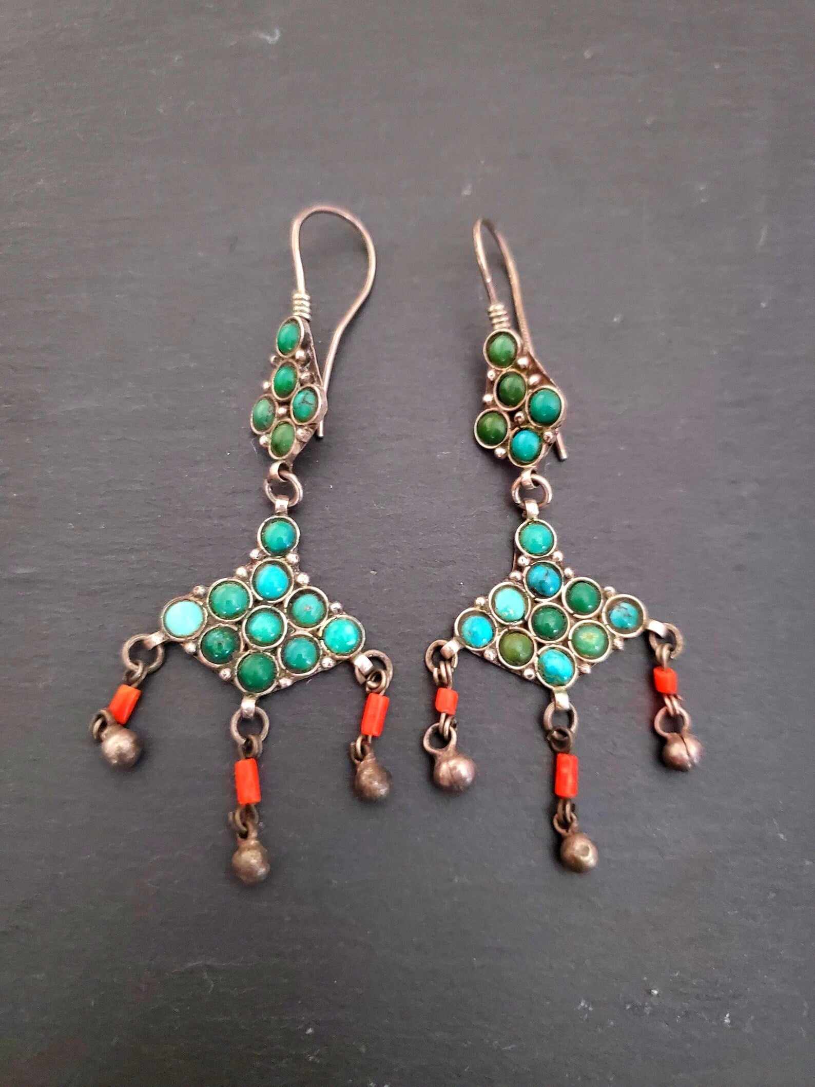 Uzbek Silver Turquoise Dangle Earrings - Central Asian Earrings