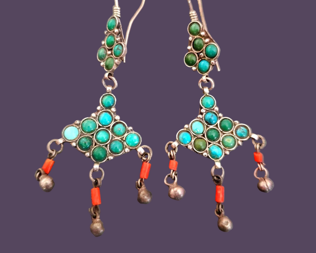 Uzbek Silver Turquoise Dangle Earrings - Central Asian Earrings