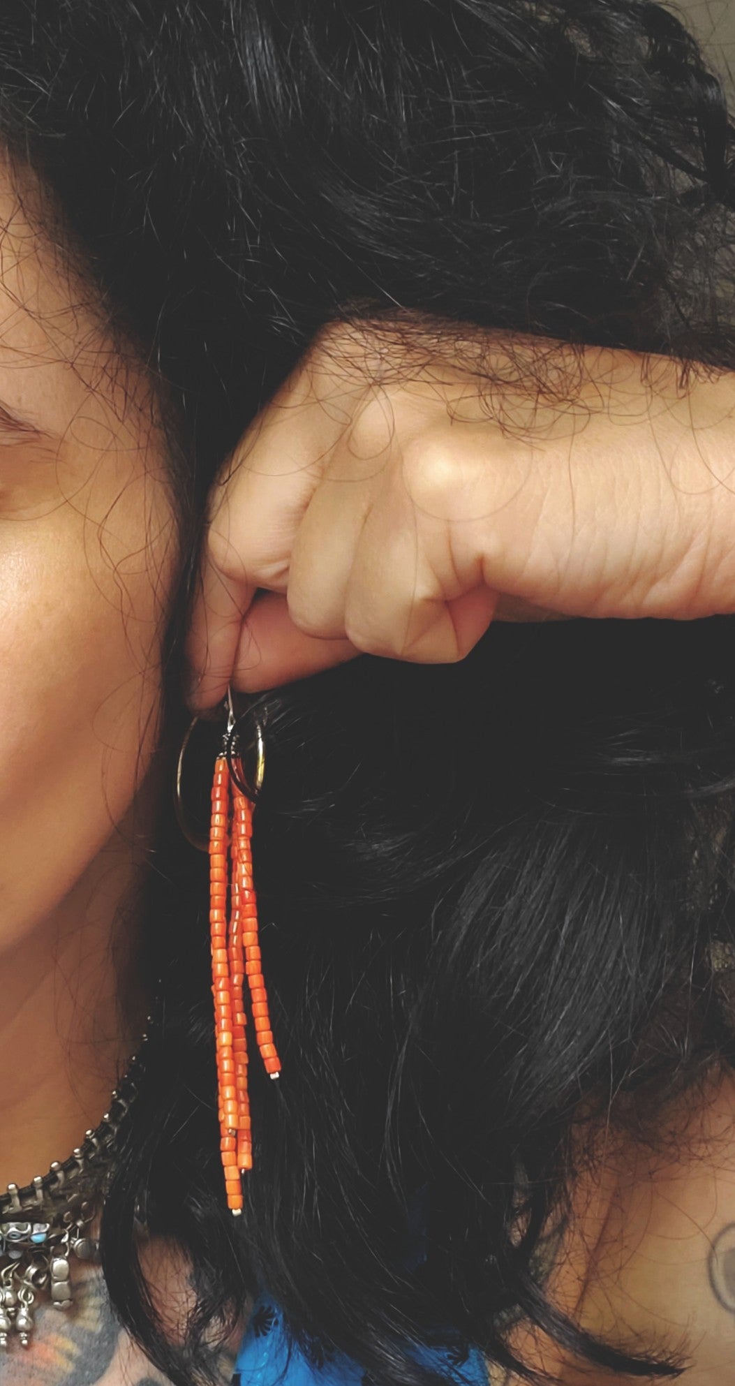 Very Long Coral Beaded Tassel Earrings