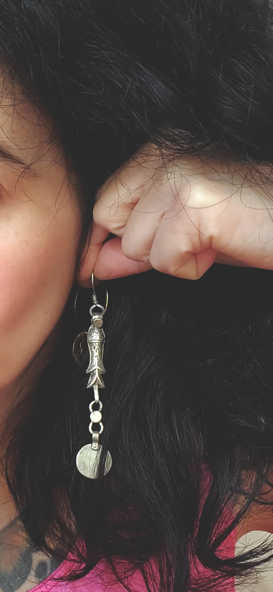 Long Afghani Fish Coin Dangle Earrings