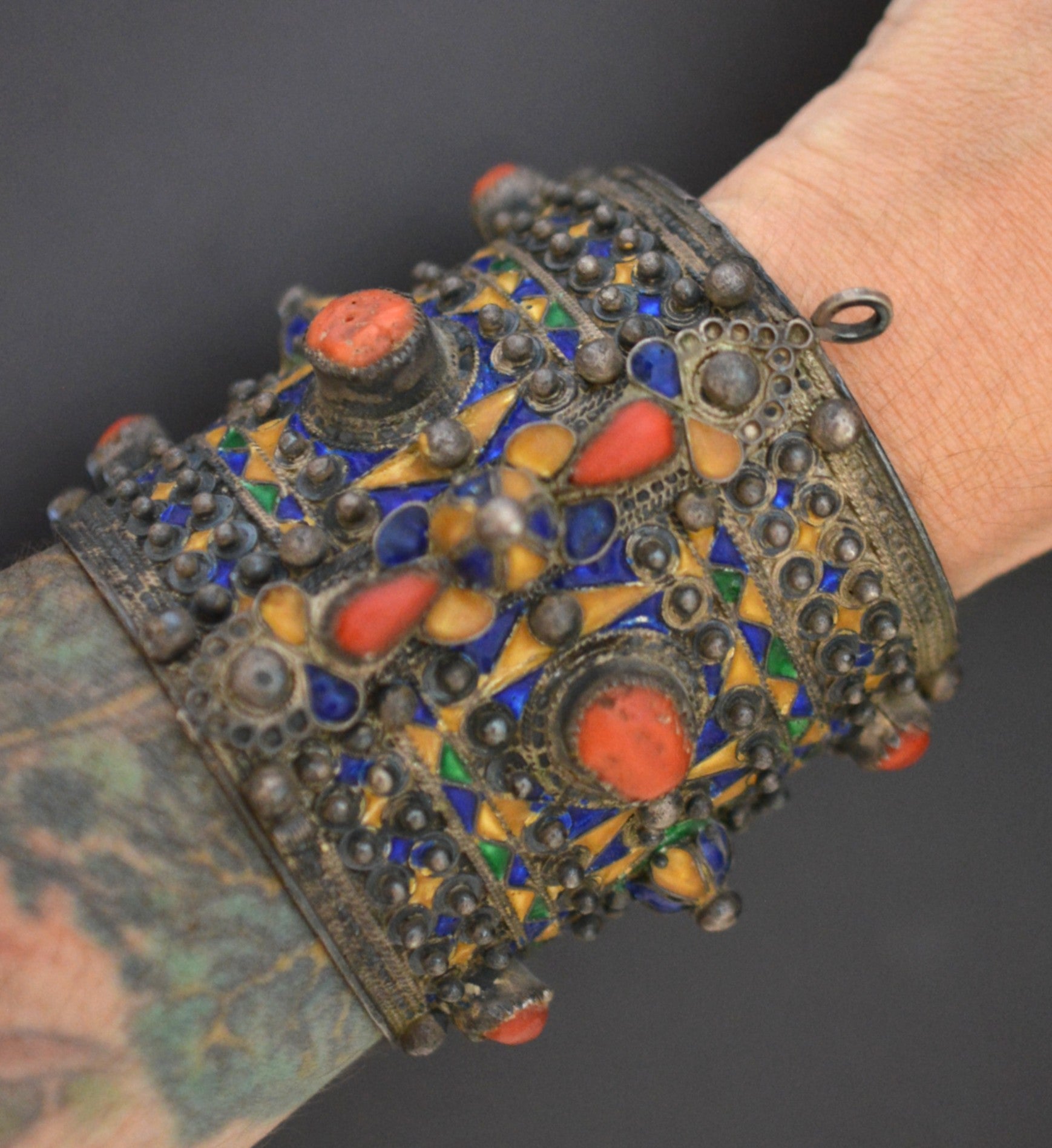 Berber Kabyle Coral Enamel Bracelet - Hinged