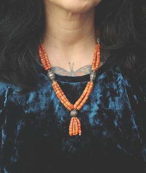 Multistrand Coral Necklace with Silver Beads