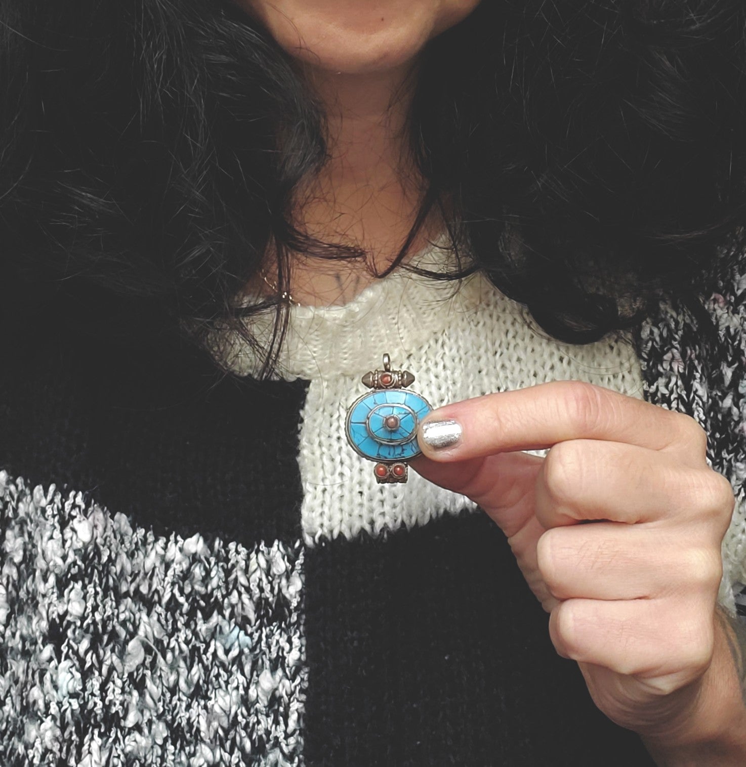 Tibetan Turquoise and Coral Gau Box Pendant