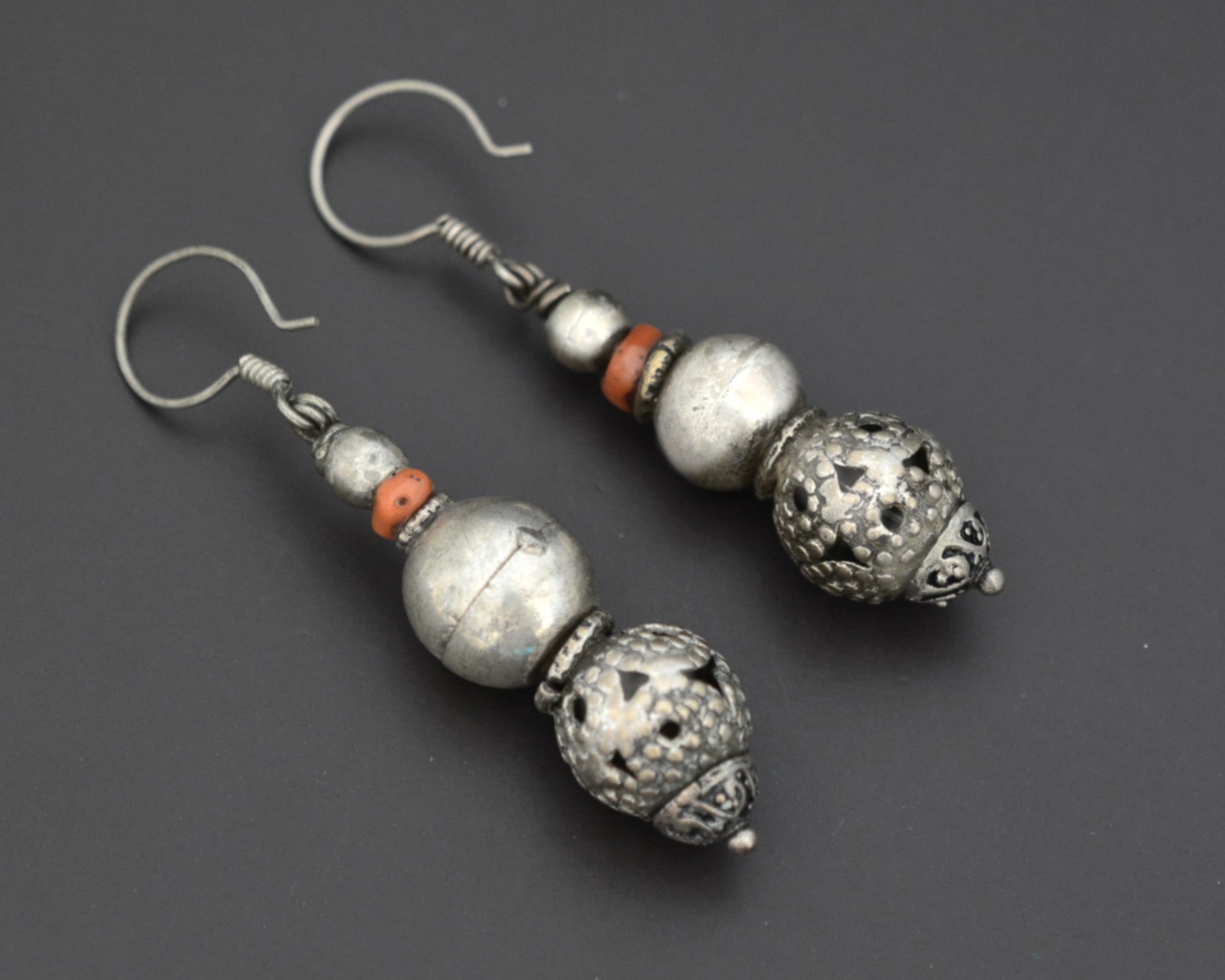 Afghani Silver Bead Coral Dangle Earrings