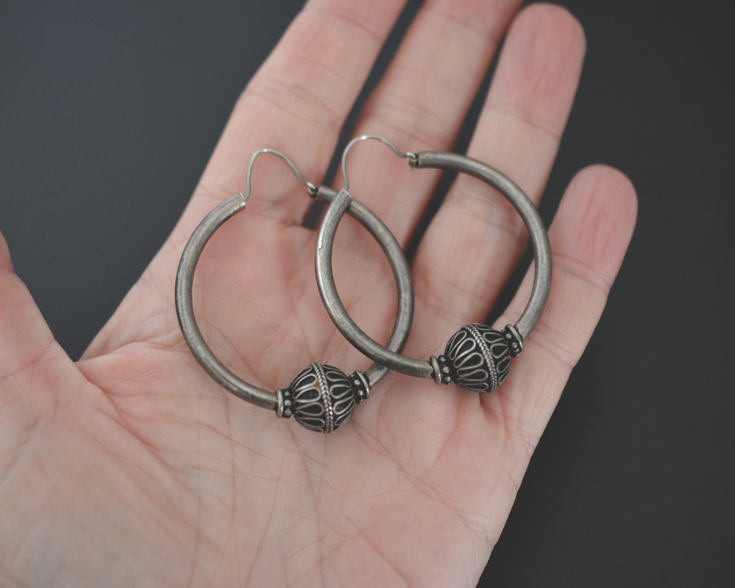 Reserved - Large Ethnic Bali Hoop Earrings with Bead
