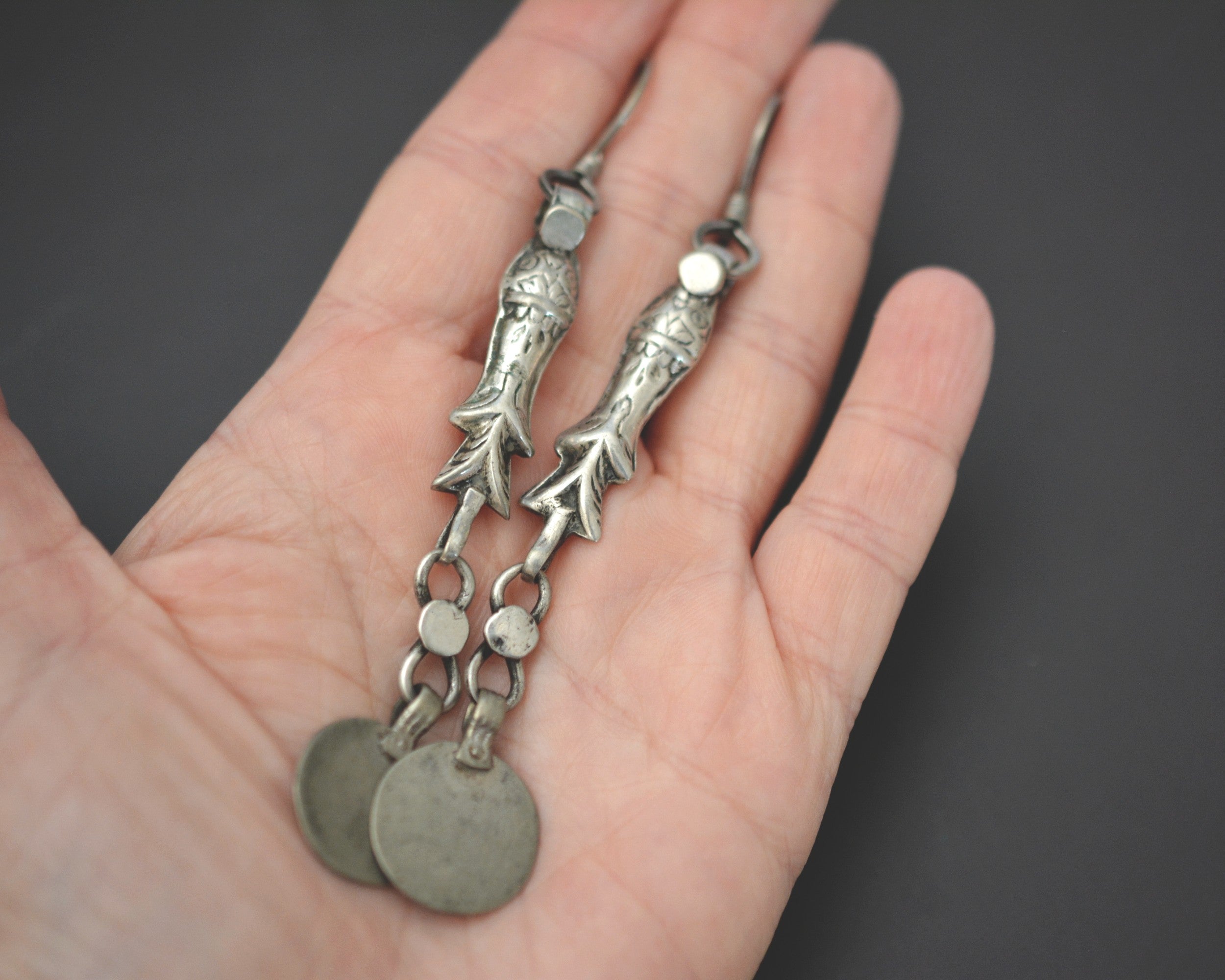 Long Afghani Fish Coin Dangle Earrings