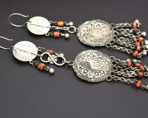 Long Uzbek Coin Dangle Coral Silver Earrings
