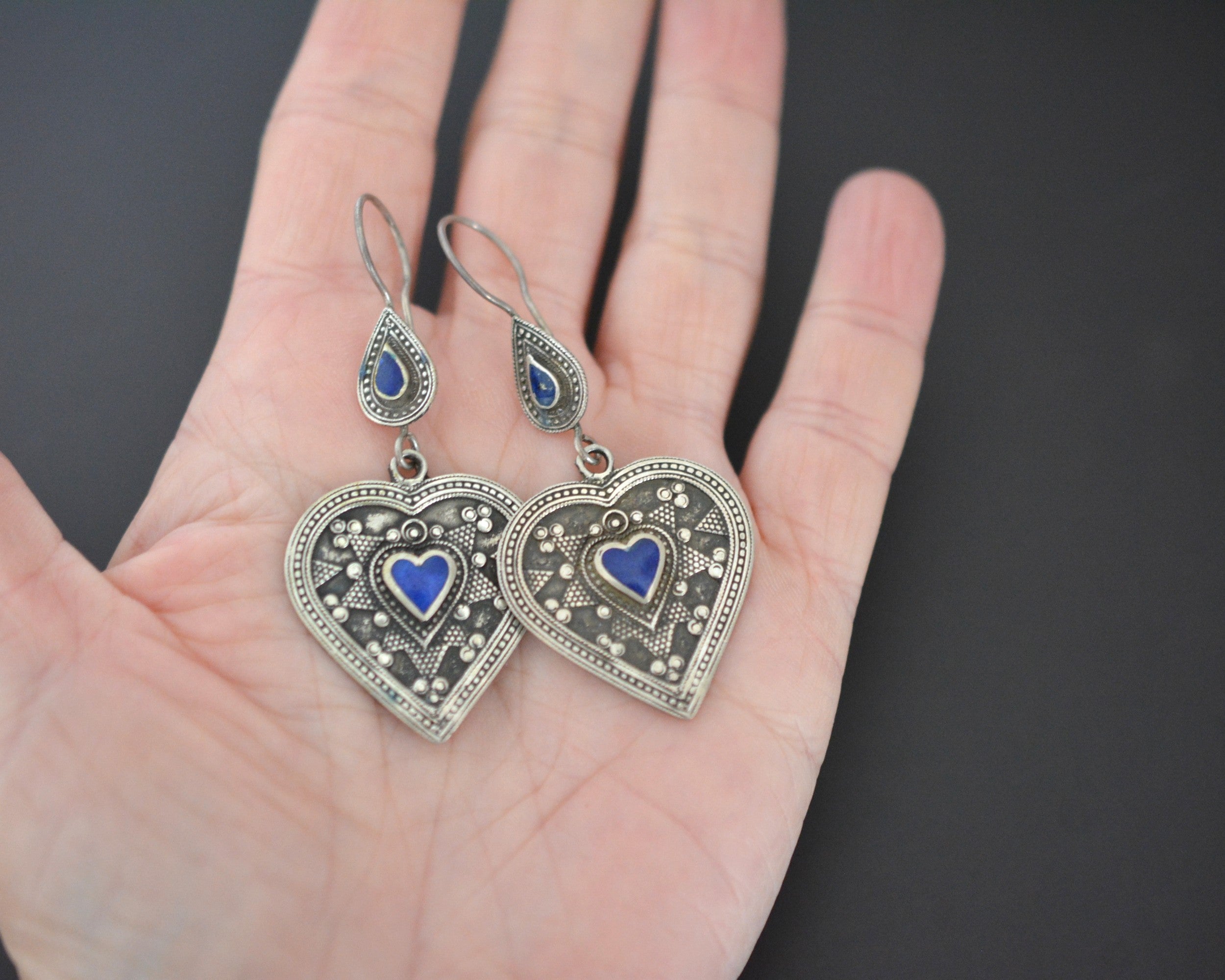 Vintage Kazakh Heart Lapis Lazuli Earrings