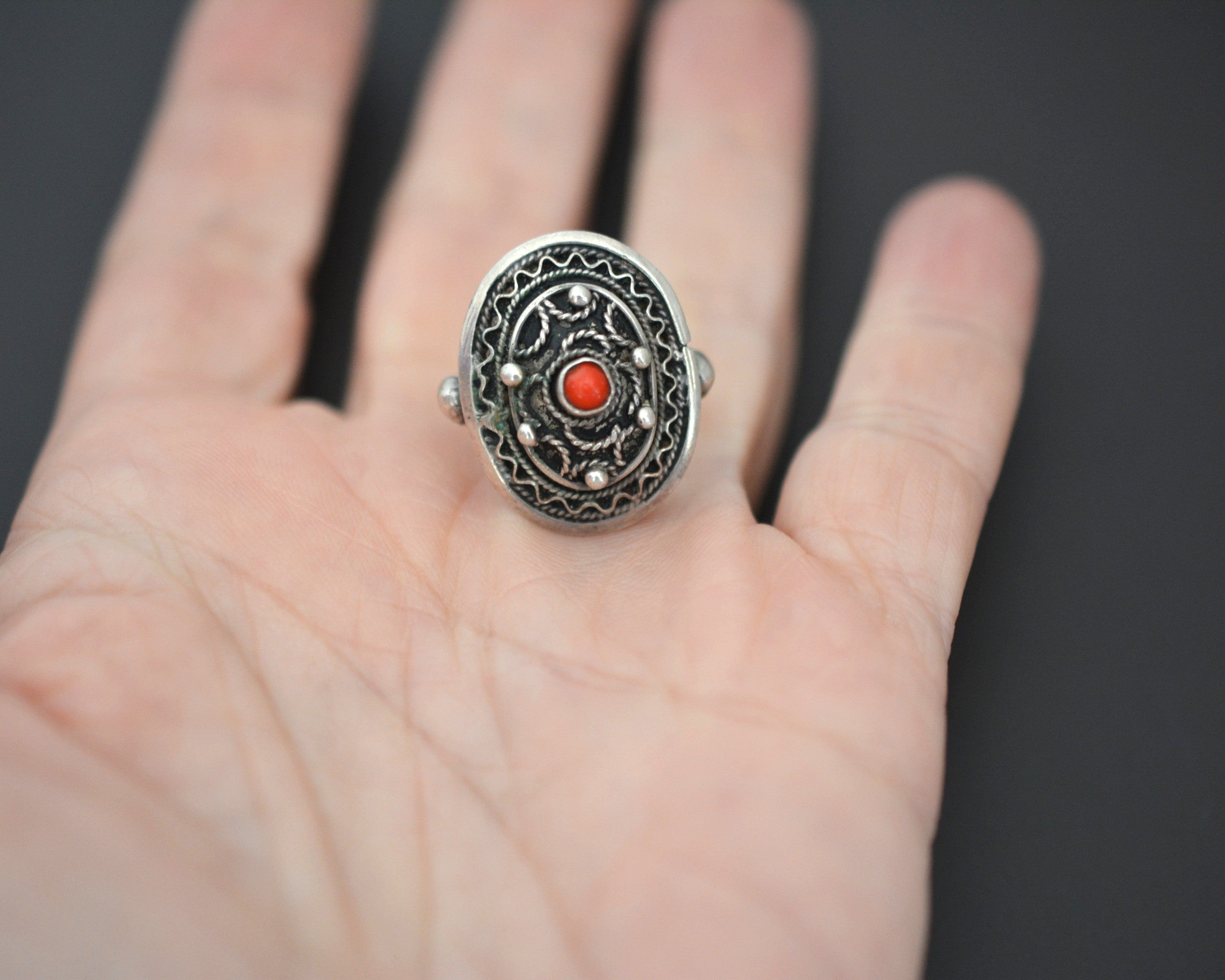 Ethnic Silver and Coral Filigree Ring - Size 5