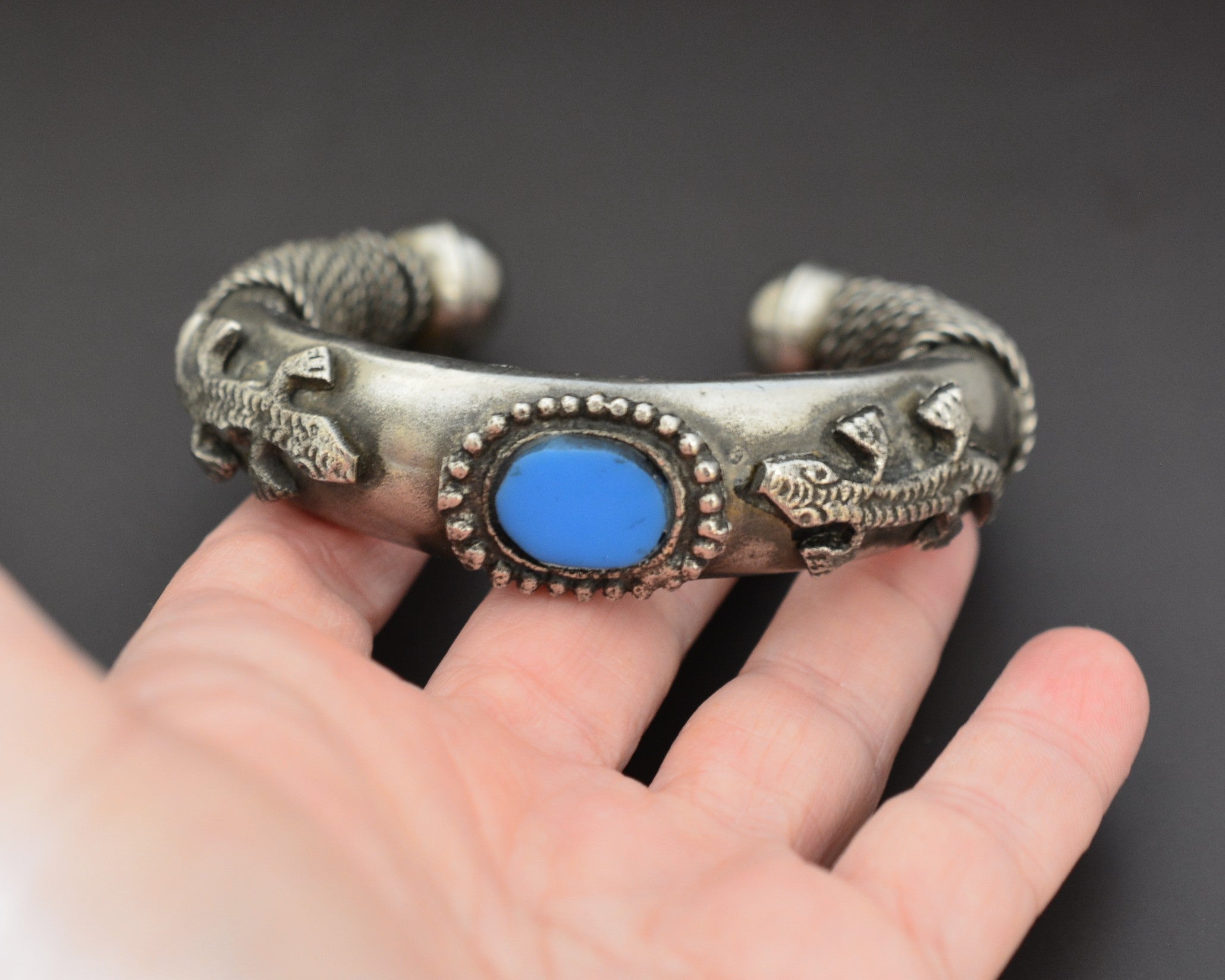 Tribal Lizard Silver Cuff Bracelet with Glass