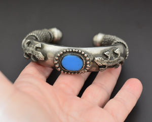 Tribal Lizard Silver Cuff Bracelet with Glass