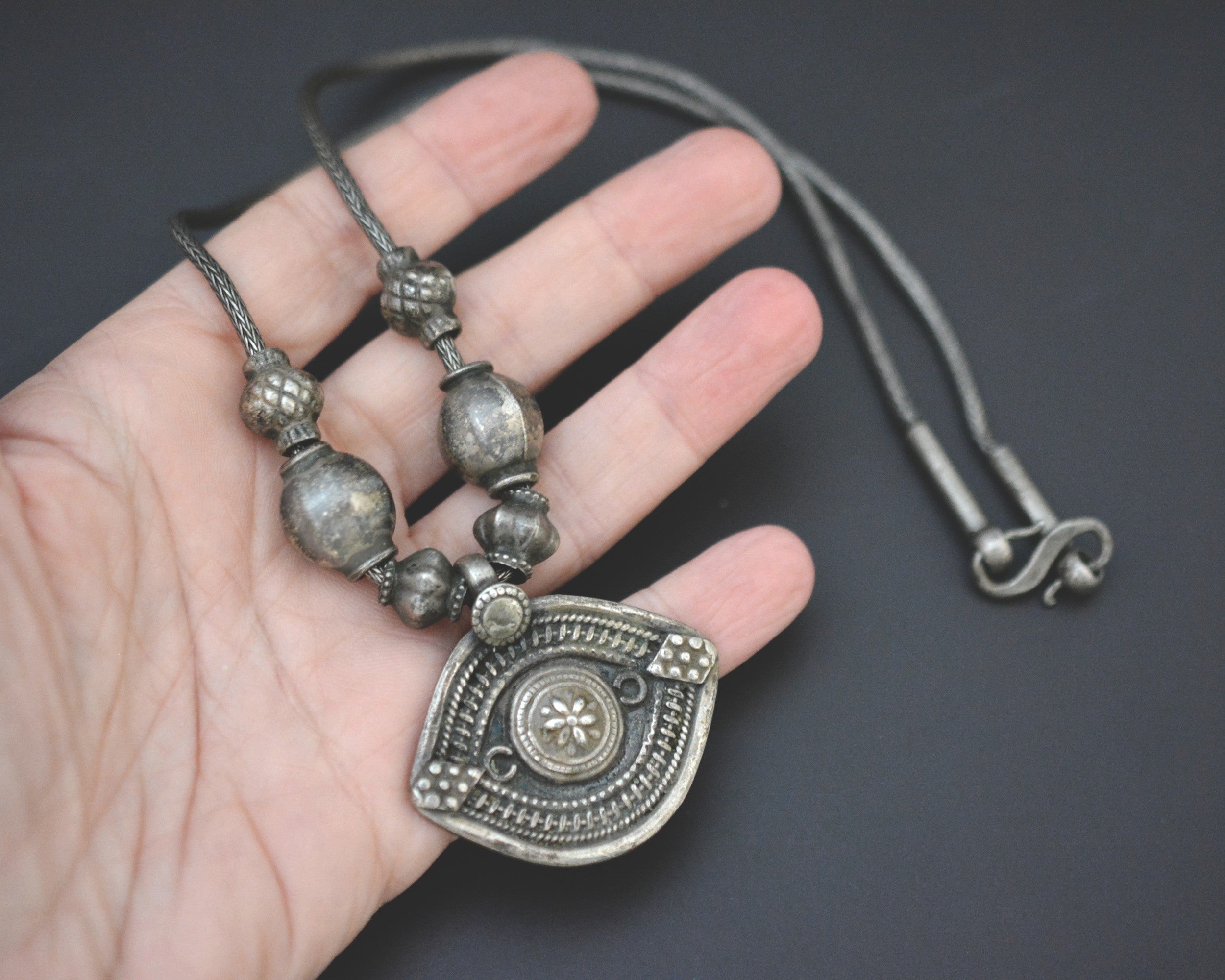 Reserved for A. - Indian Amulet Silver Beads Necklace with Snake Chain